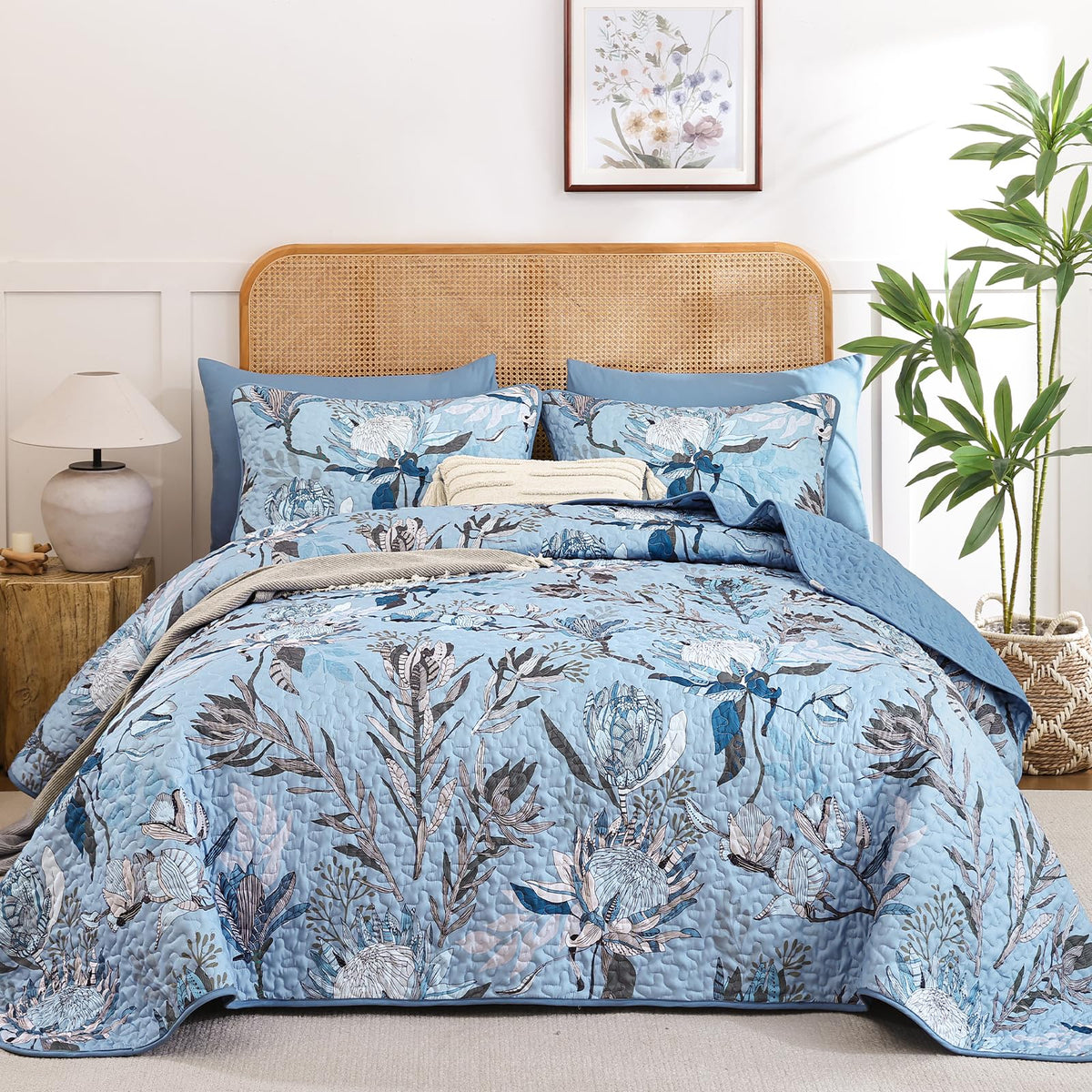 Dintszyayue Quilt King Size Green, 3 Pcs Boho Floral Bedspread Bedding Set