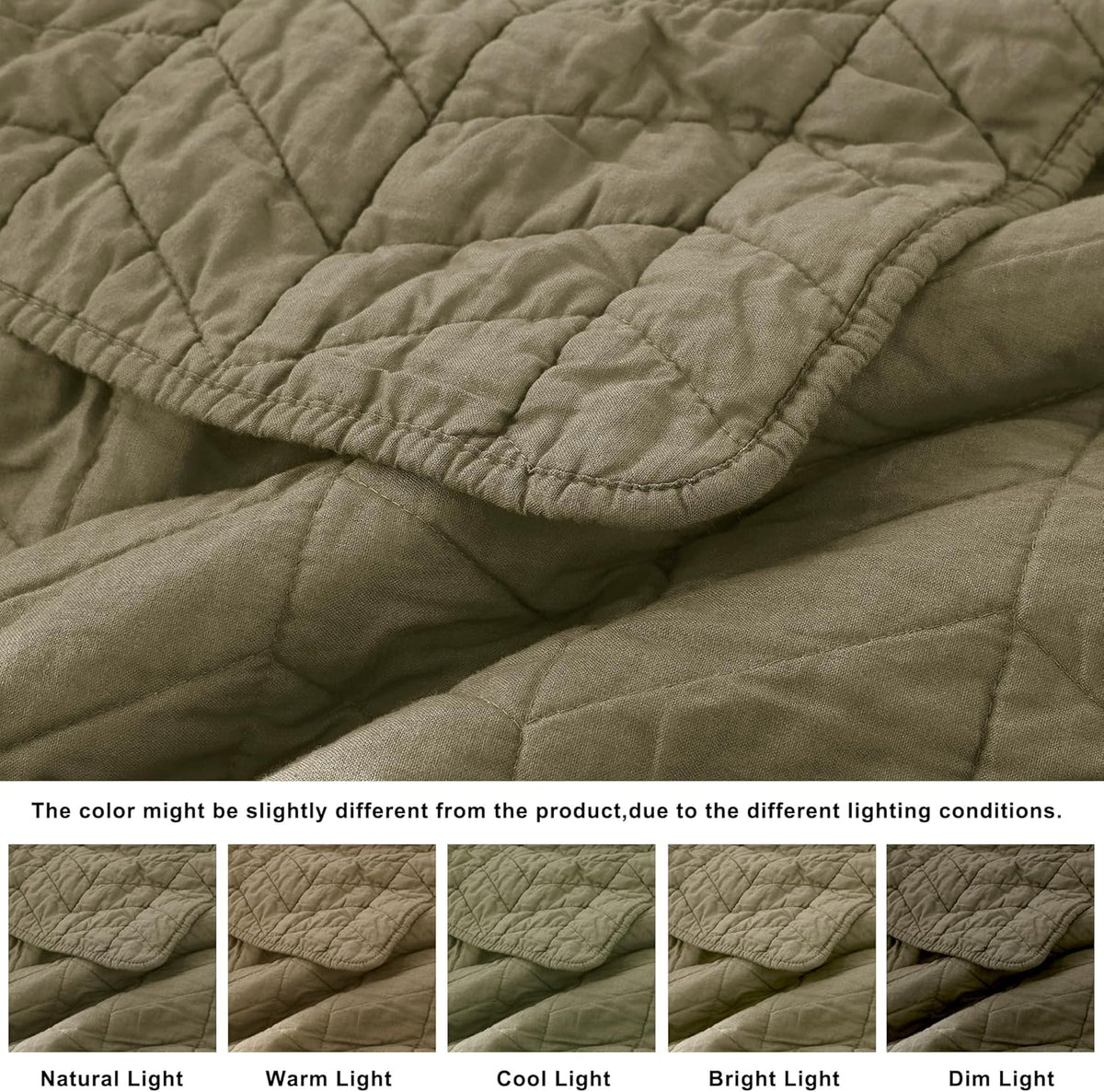 palassio Green Cotton Quilt Queen Size Bedding Sets with Pillow Shams, Olive Lightweight Soft Bedspread Coverlet, Sage Quilted Comforter Bed Cover for All Season, 3 Pieces, 90x96 inches