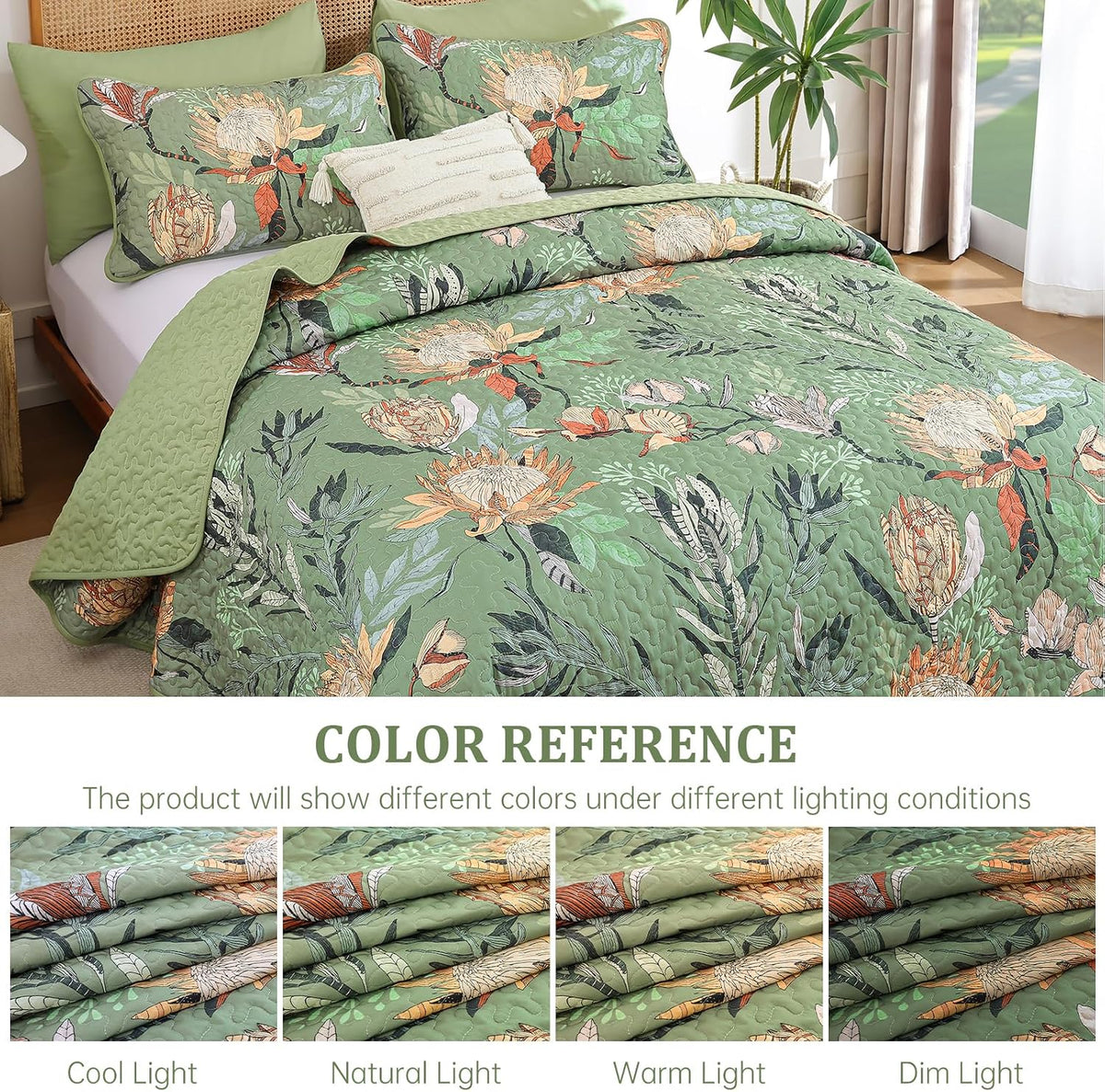 Dintszyayue Quilt King Size Green, 3 Pcs Boho Floral Bedspread Bedding Set