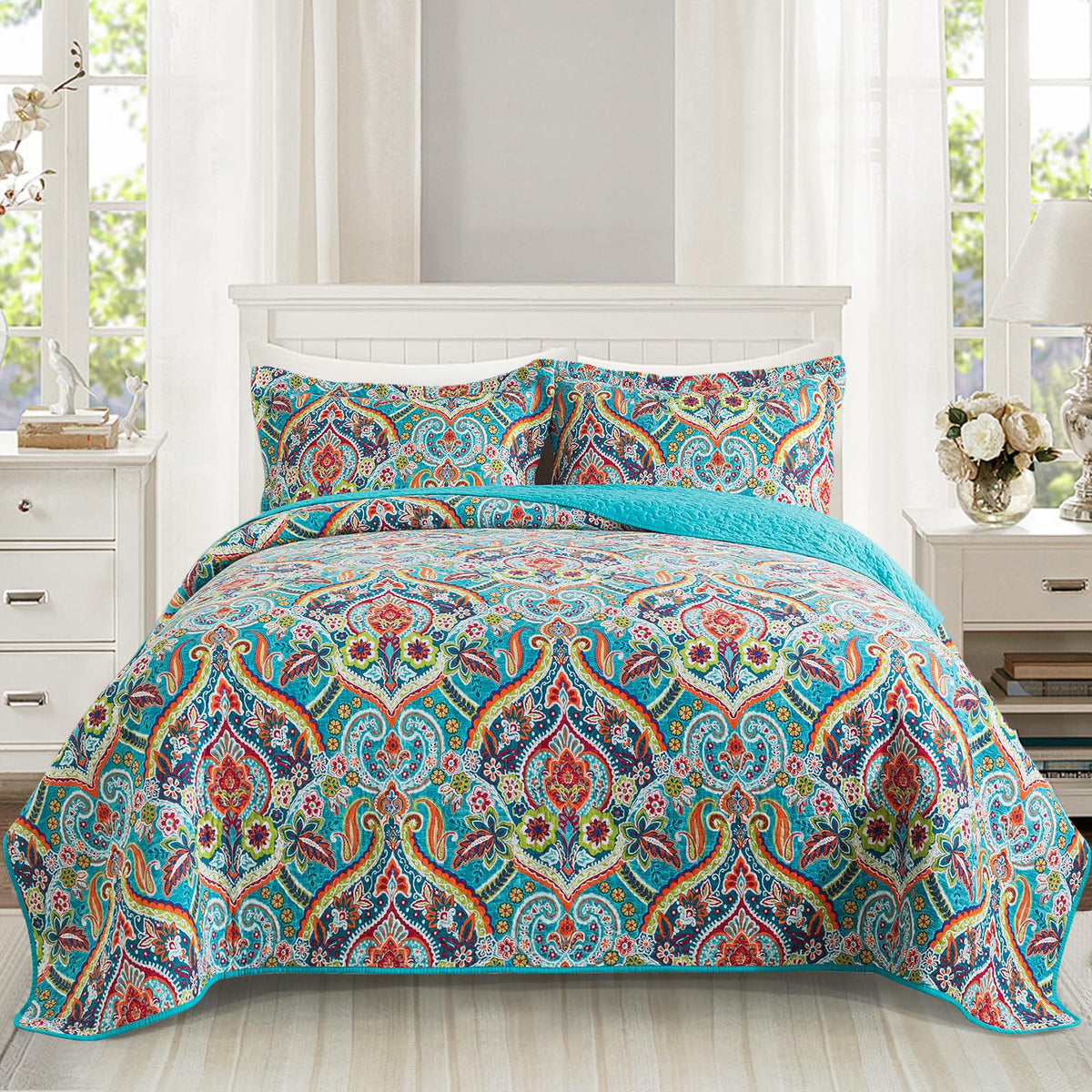 VAPUTAR 100% Cotton Face Quilt King Size Bedding Set - Boho King Quilts