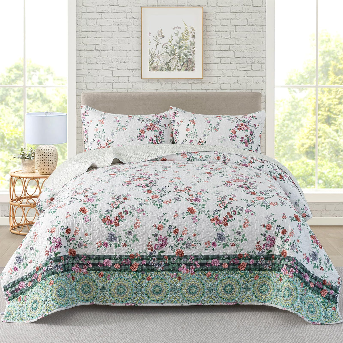 Travan 3-Piece Quilt Set Quilted Bedspread Lightweight Coverlet Set Garden Style Floral Printed Oversized Quilted Bedding Set with Shams for All Season, Exquisite, King Size