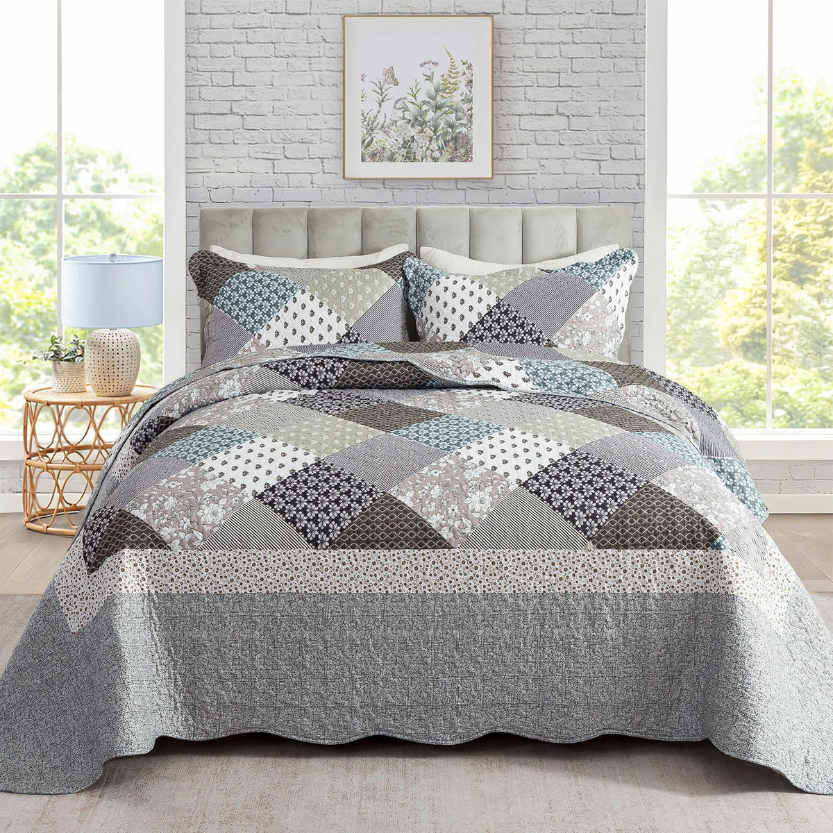 Travan 3-Piece Quilt Set Quilted Bedspread Lightweight Coverlet Set Garden Style Floral Printed Oversized Quilted Bedding Set with Shams for All Season, Exquisite, King Size