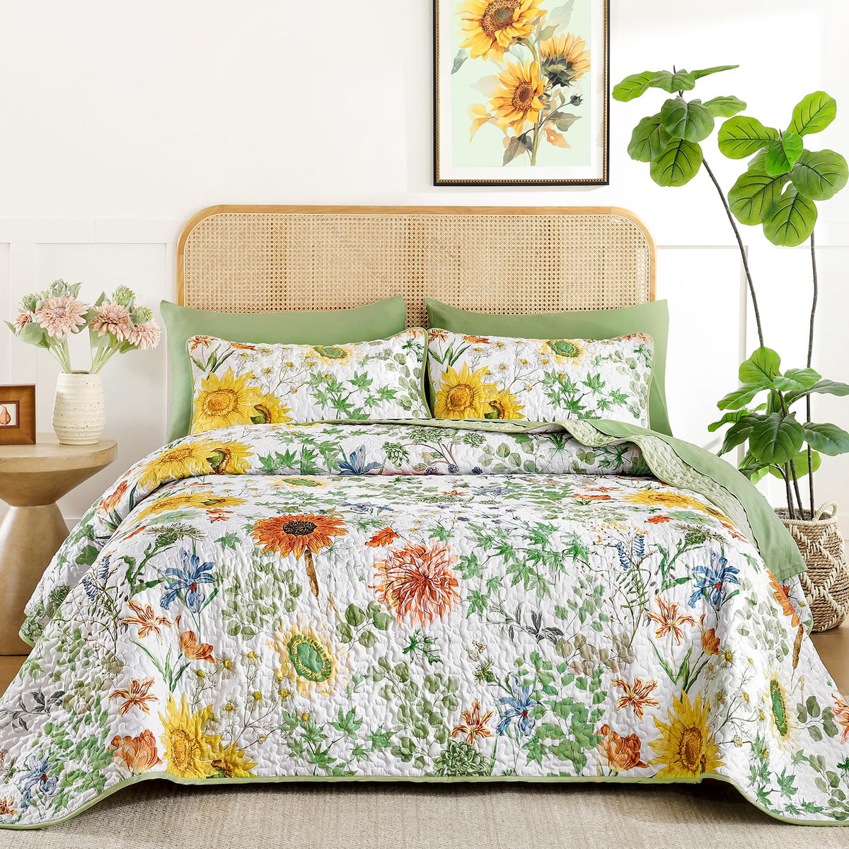 Yiran Beige Floral Quilt King Size, Sunflower Bedspreads Bedding Set