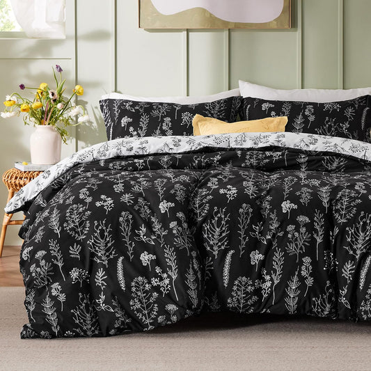 Bedsure Floral Comforter Set Cute Bedding Set Twin/Twin XL Reversible Black
