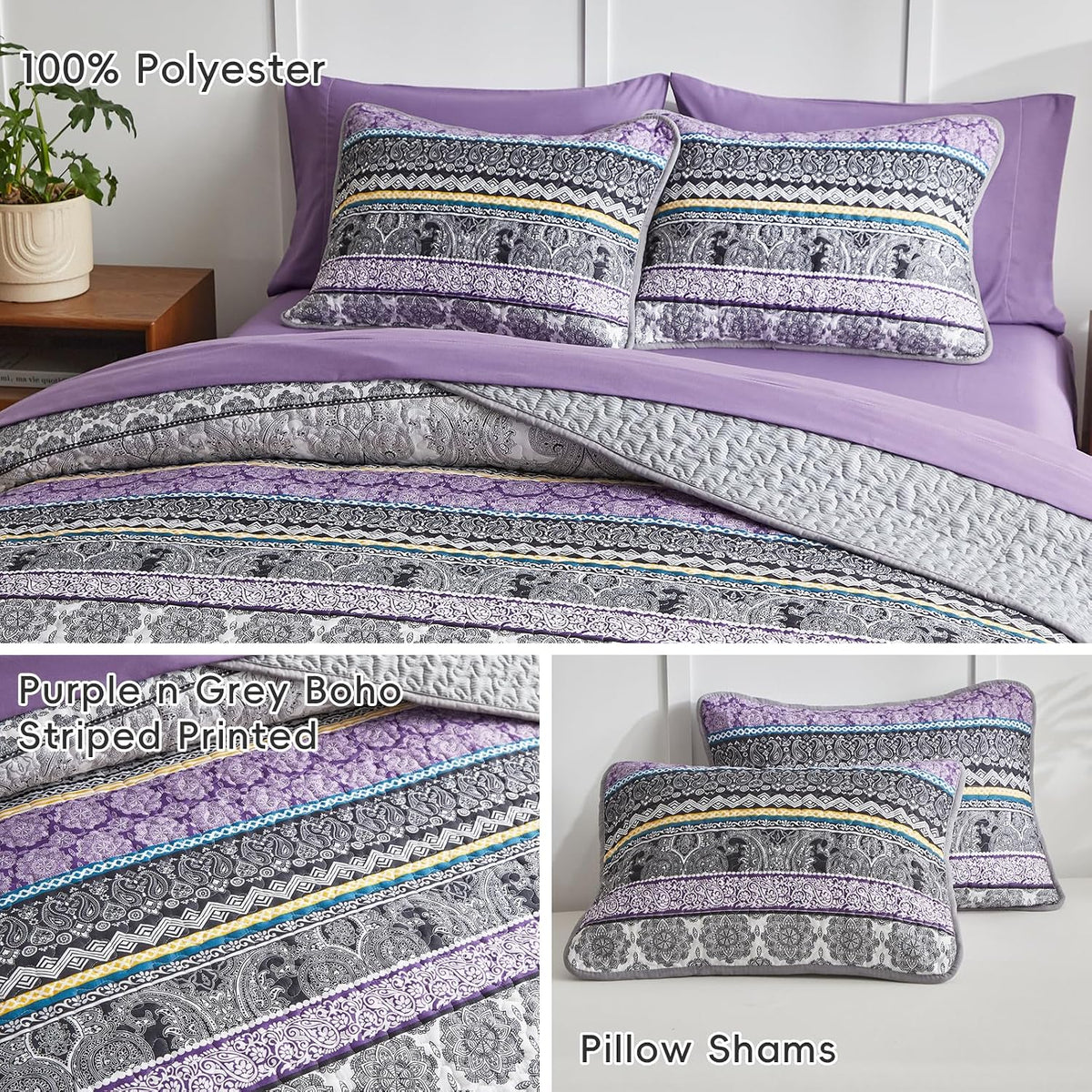 3 Pieces Colorful Boho Quilt Set Full Queen Size, Purple n Grey Bohemian Striped Printed Bedding Bedspread Coverlet Set for Summer, Soft Lightweight Microfiber Quilt with 2 Shams (88x88 inces)