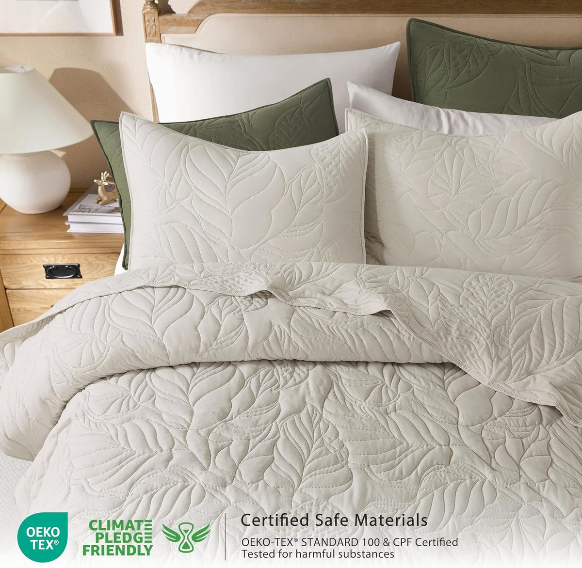 R.SHARE Beige Queen Size Quilt Set, Neutral Soft Lightweight Bedspread, Farmhouse Rustic Country Coverlet, Leaf Pattern Bedding with 2 Shams, 3 Pieces Spring Summer Thin Comforter
