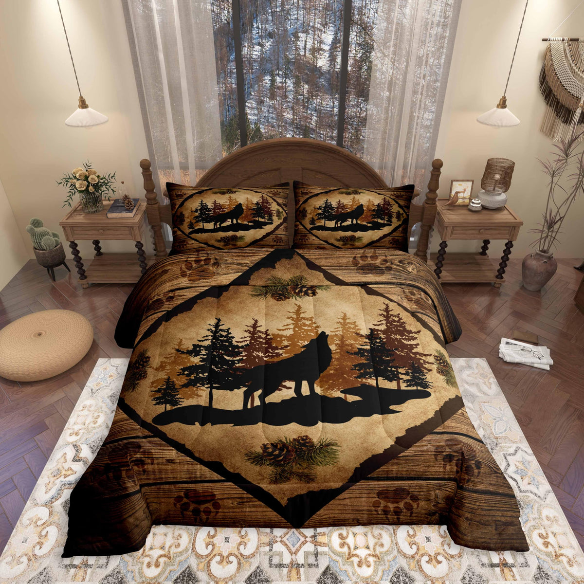 Homewish Jungle Cabin Comforter Set,Moose Animal Pine Trees Bedding Sets for Kids Teens Adults,Retro Wooden Stripes Rustic Farmhouse Quilted Comforter with 2 Pillowcases Queen Size 3 Pcs