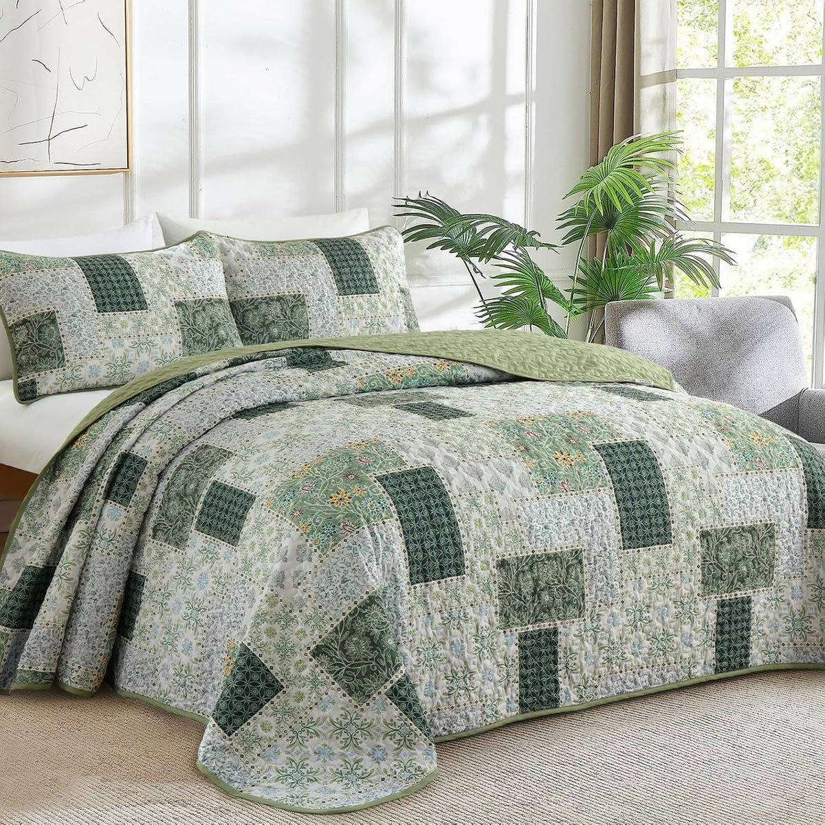 Xruibed Patchwork Quilt Set King Size, 3 Pcs Green Plaid Bedspread Set