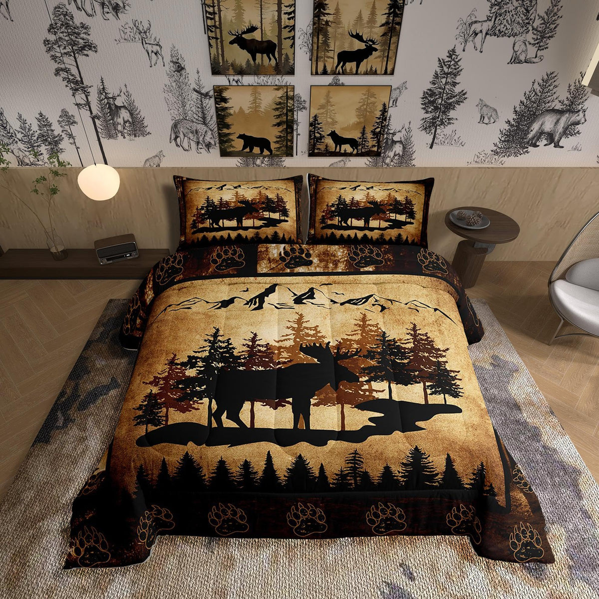 Homewish Jungle Cabin Comforter Set,Moose Animal Pine Trees Bedding Sets for Kids Teens Adults,Retro Wooden Stripes Rustic Farmhouse Quilted Comforter with 2 Pillowcases Queen Size 3 Pcs