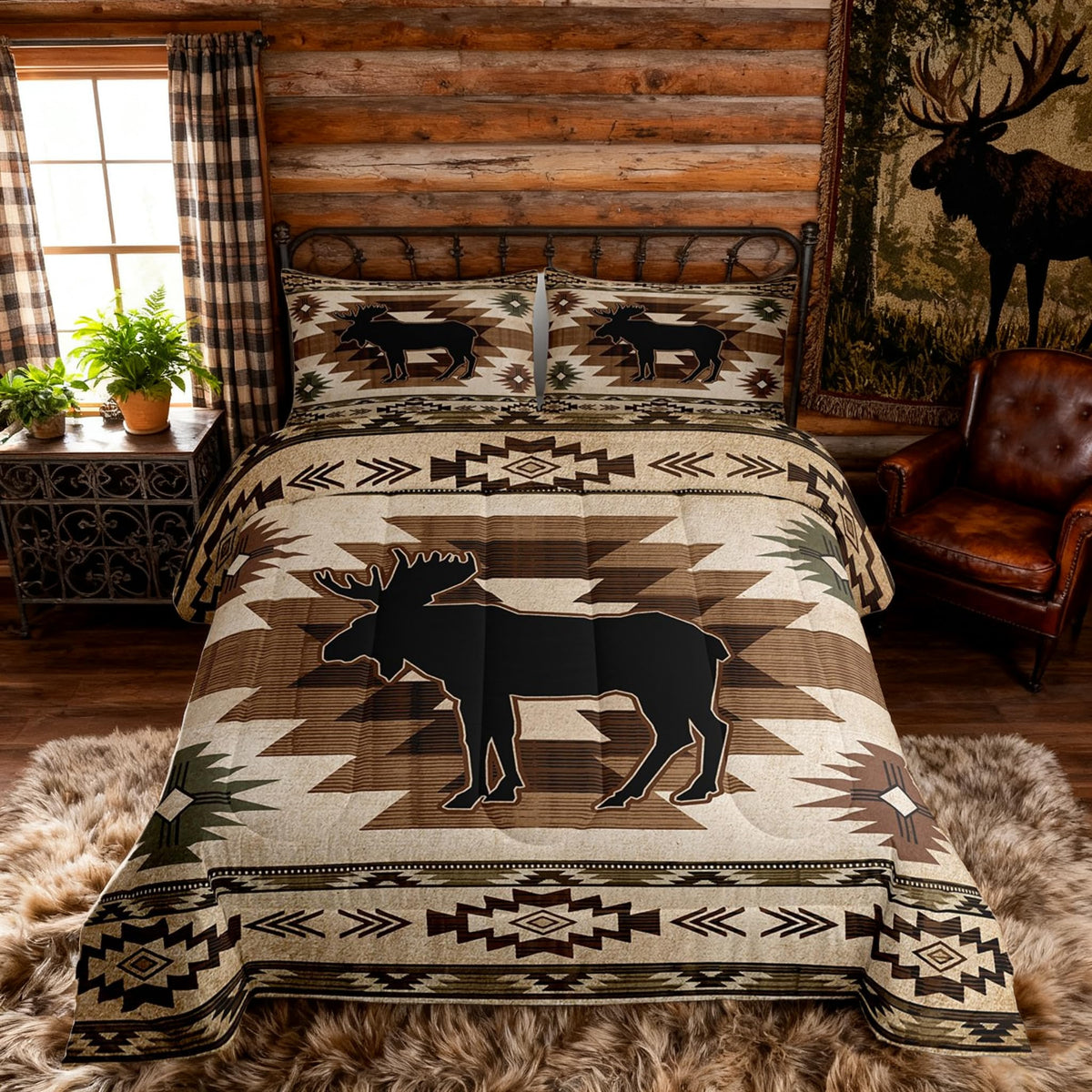 Homewish Jungle Cabin Comforter Set,Moose Animal Pine Trees Bedding Sets for Kids Teens Adults,Retro Wooden Stripes Rustic Farmhouse Quilted Comforter with 2 Pillowcases Queen Size 3 Pcs