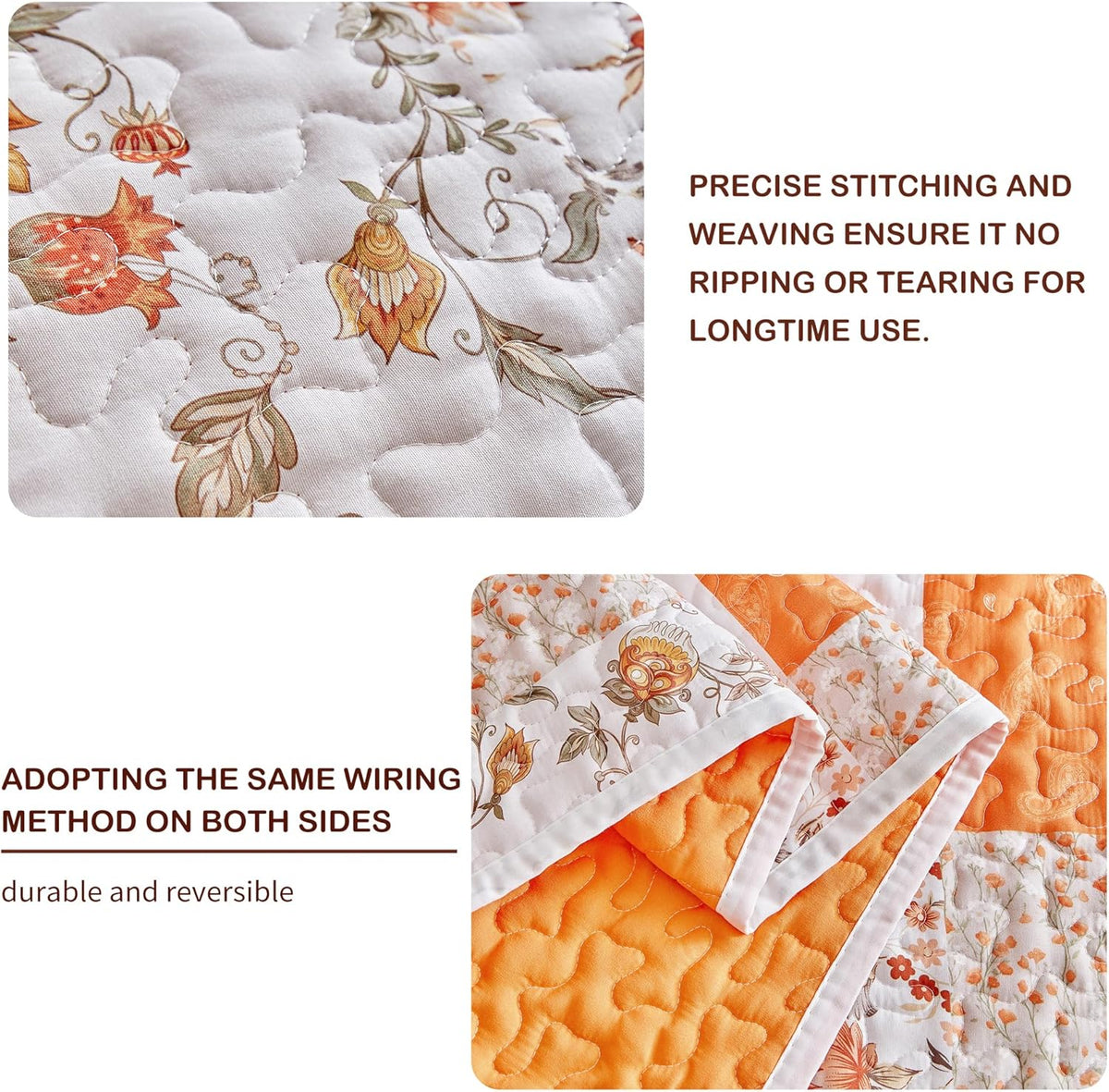 Joyreap 3 Pieces Floral Patchwork Quilt Set Queen, Orange n White Flowers Design, Smooth Soft Microfiber Quilt, Bedspread Bed Cover for All Season- 102x90 inches