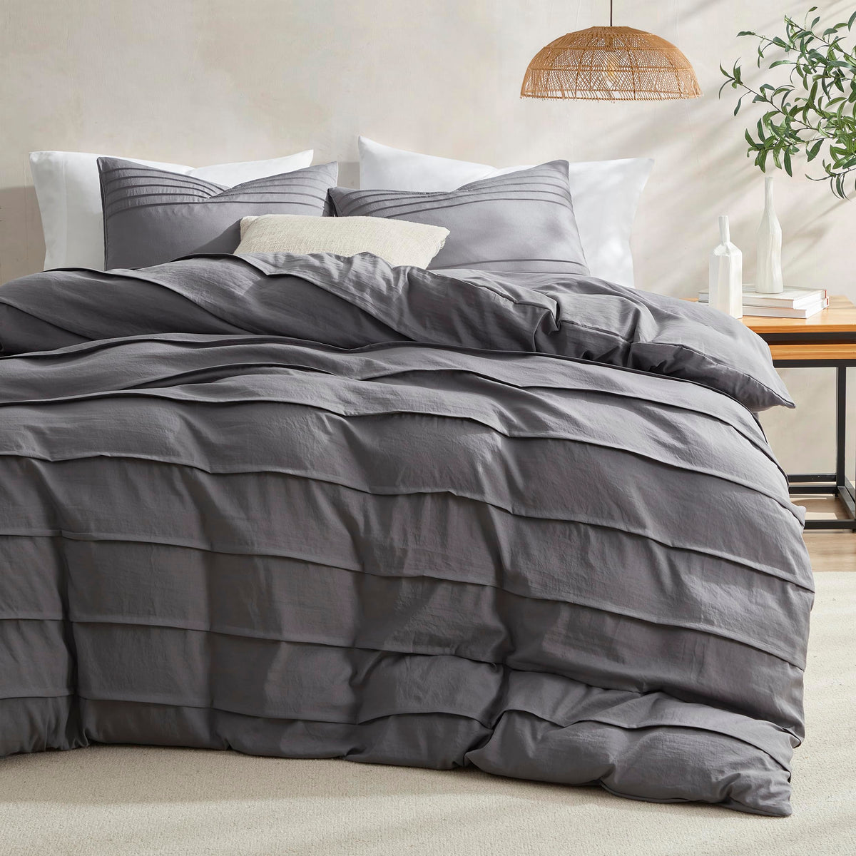 Oli Anderson 3PCS Pleated Duvet Cover Set, Beige, King