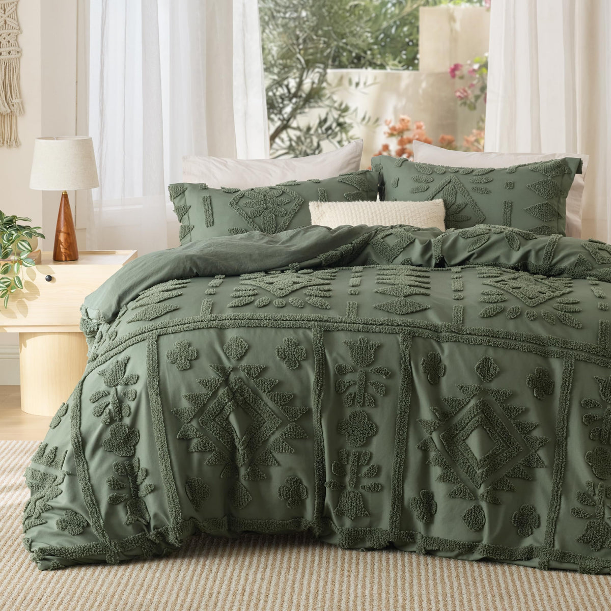 Bedsure Textured Duvet Cover King Size, Soft & Breathable Comforter Cover for All Season, 3 Pieces Wrinkle-Resistant Zipper Bedding with 8 Corner Ties, Olive Green