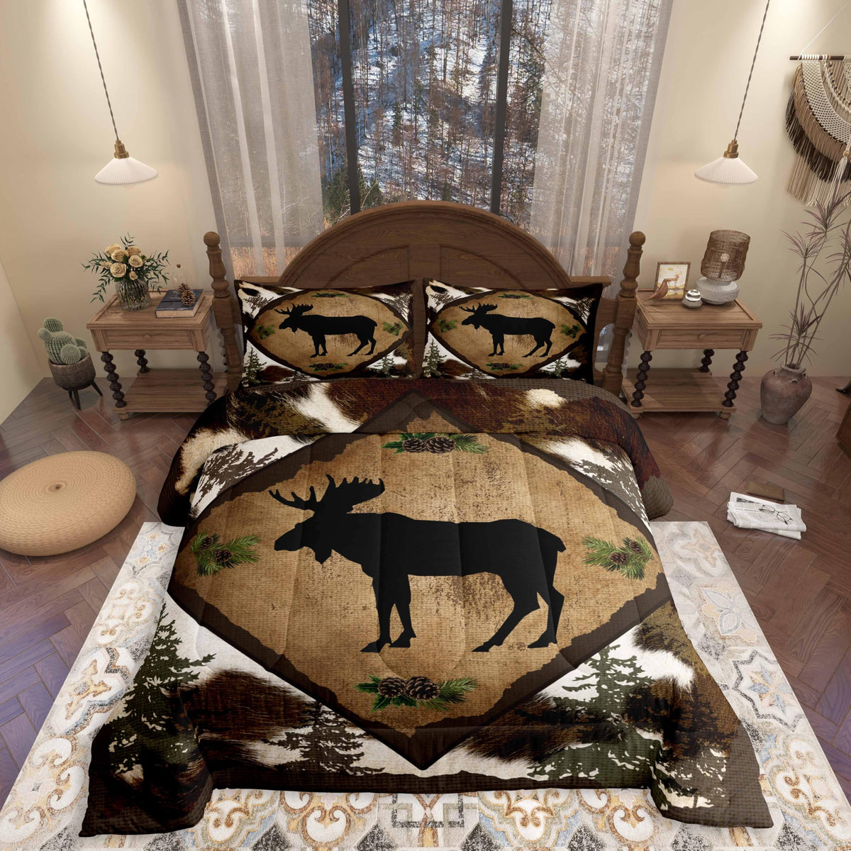 Homewish Jungle Cabin Comforter Set,Moose Animal Pine Trees Bedding Sets for Kids Teens Adults,Retro Wooden Stripes Rustic Farmhouse Quilted Comforter with 2 Pillowcases Queen Size 3 Pcs