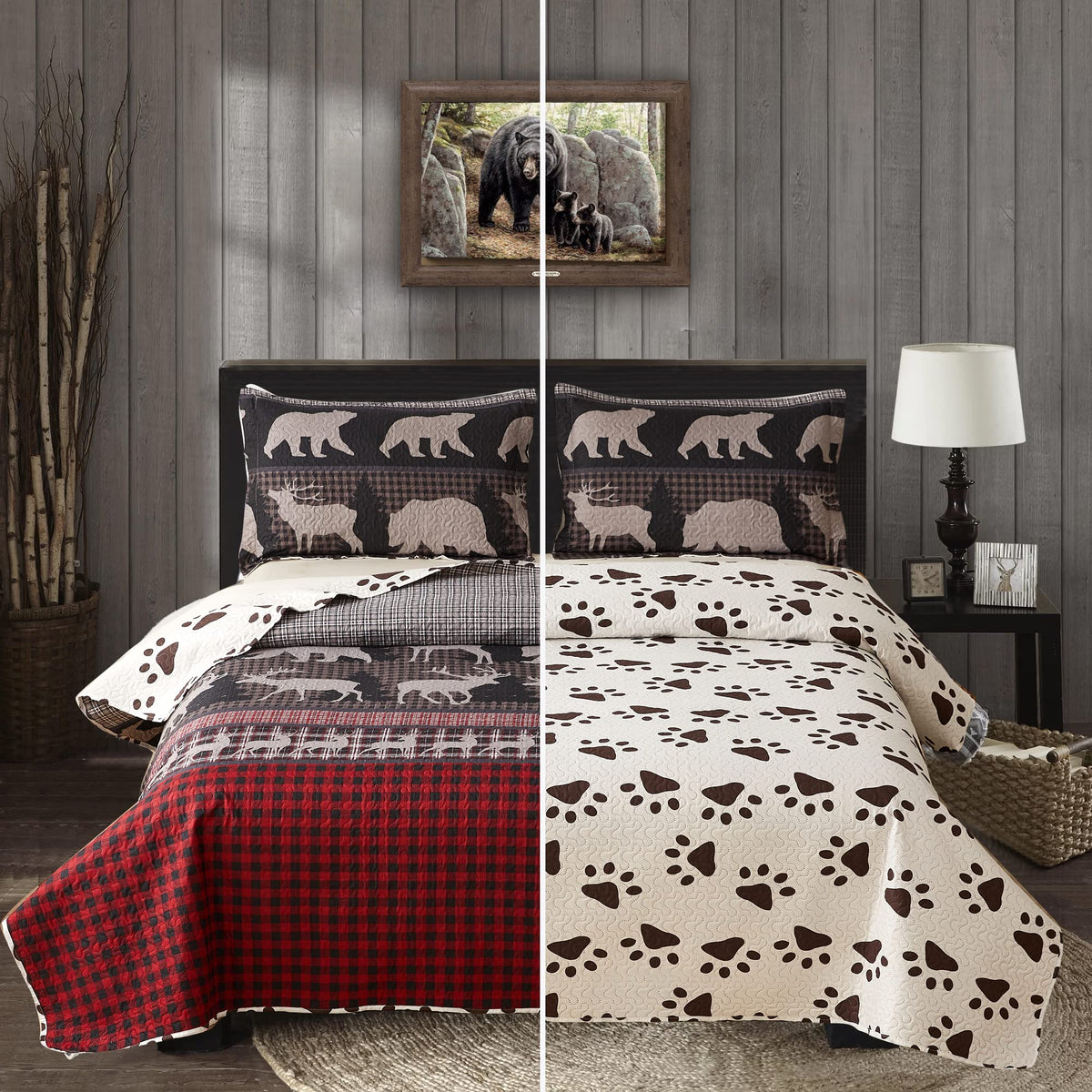 Rustic Quilt Bedding Set King Size Bedspread Coverlet Country Quilts Lodge Cabin Bedding Black White Buffalo Plaid Quilts Forest Elk Moose Lightweight Reversible Quilt Bed Spread with 2 Pillow Shams