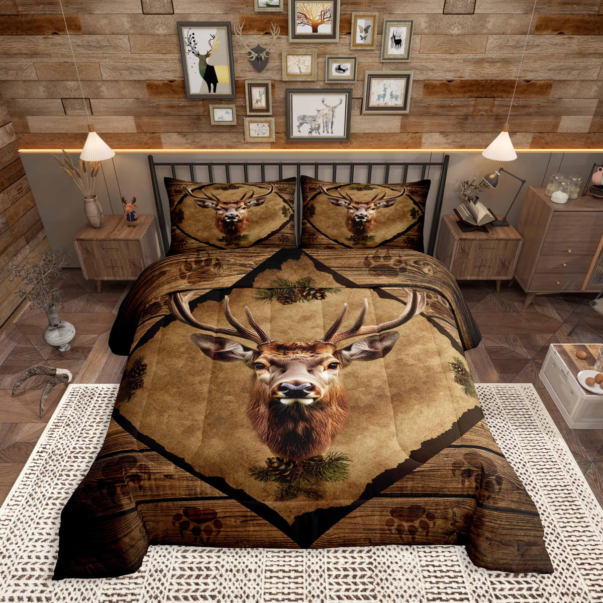 Homewish Jungle Cabin Comforter Set,Moose Animal Pine Trees Bedding Sets for Kids Teens Adults,Retro Wooden Stripes Rustic Farmhouse Quilted Comforter with 2 Pillowcases Queen Size 3 Pcs