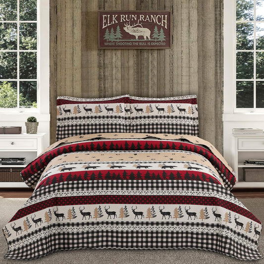 Rustic Quilt Bedding Set King Size Bedspread Coverlet Country Quilts Lodge Cabin Bedding Black White Buffalo Plaid Quilts Forest Elk Moose Lightweight Reversible Quilt Bed Spread with 2 Pillow Shams