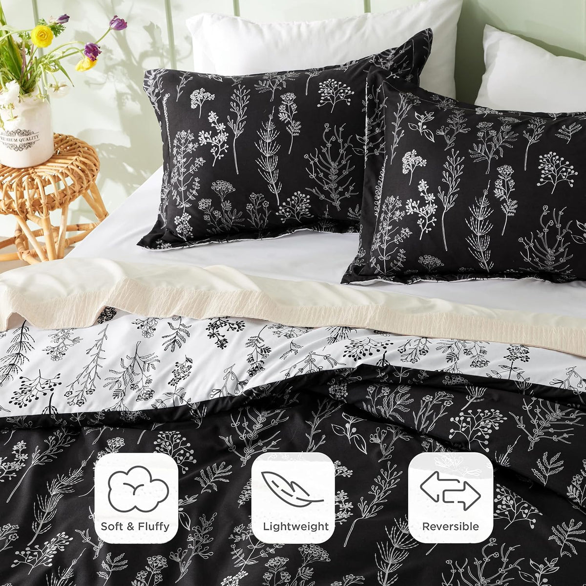 Bedsure Floral Comforter Set Cute Bedding Set Twin/Twin XL Reversible Black