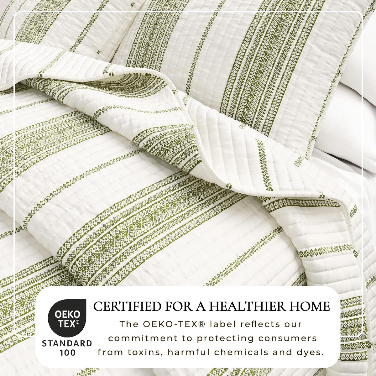 Great Bay Home Striped Printed Quilt Set - 2-Piece Twin/Twin XL Size Farmhouse Bedding Set - Lightweight, All-Season, Reversible Bedspread (Cream/Olive Green)