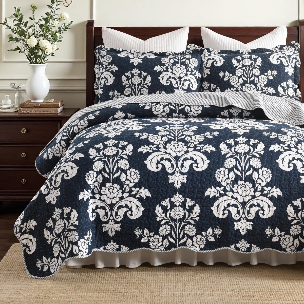 100% Cotton King Quilt Set Taupe Floral Bedding and 2 Pillow Shams