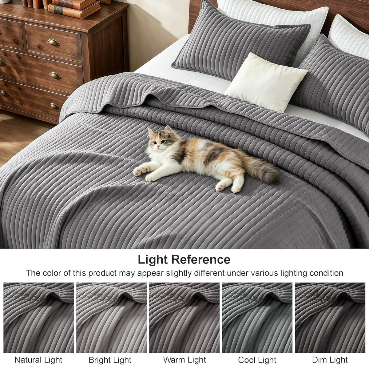 Exclusivo Mezcla Stripe Quilted Full Queen Quilt Bedding Set, Grey