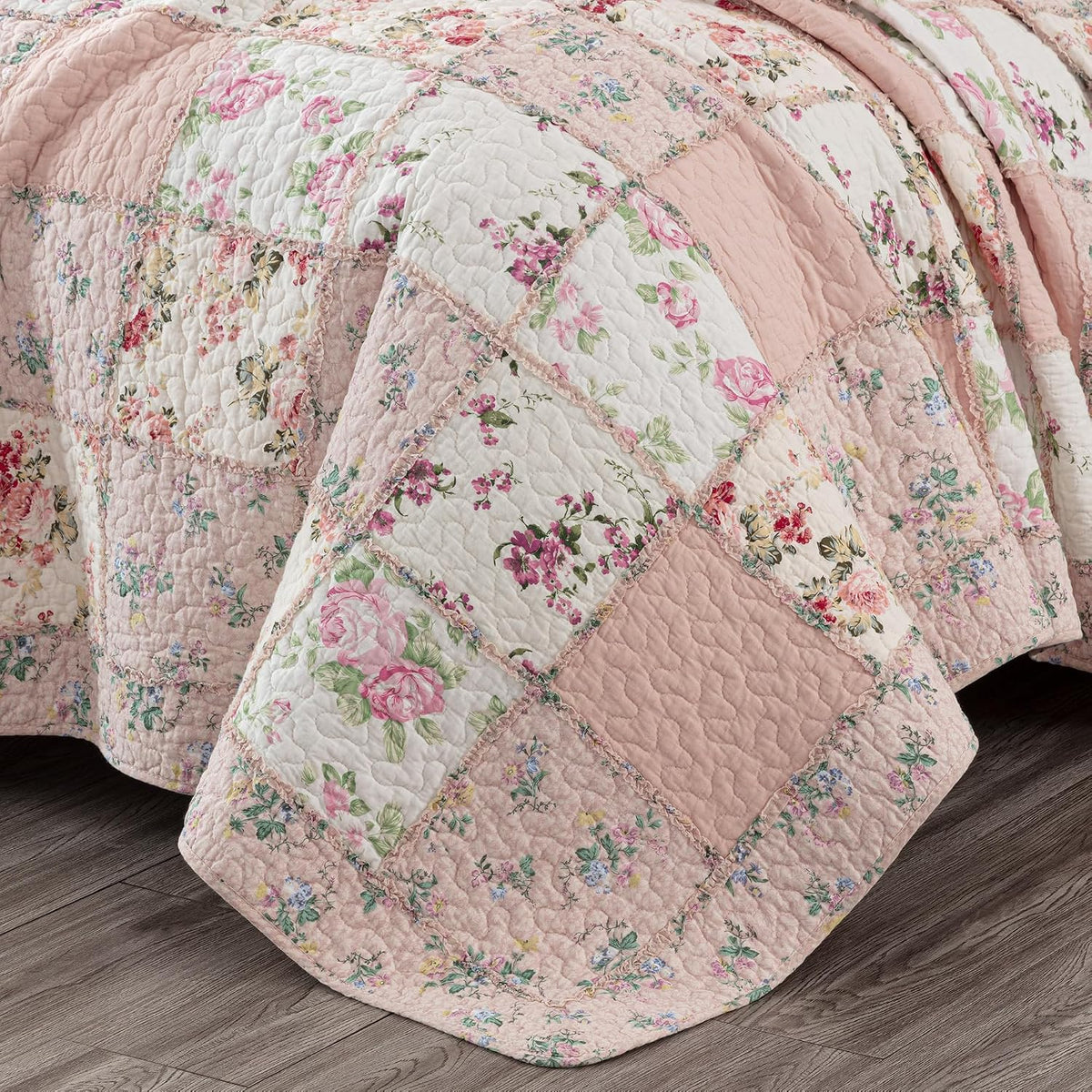 Chezmoi Collection Abbi 2-Piece Pink Shabby Chic Bedding Twin Quilt Set Pre-Washed Cotton Floral Coverlet Bedspread Ruffled Patchwork Quilt, Twin Size
