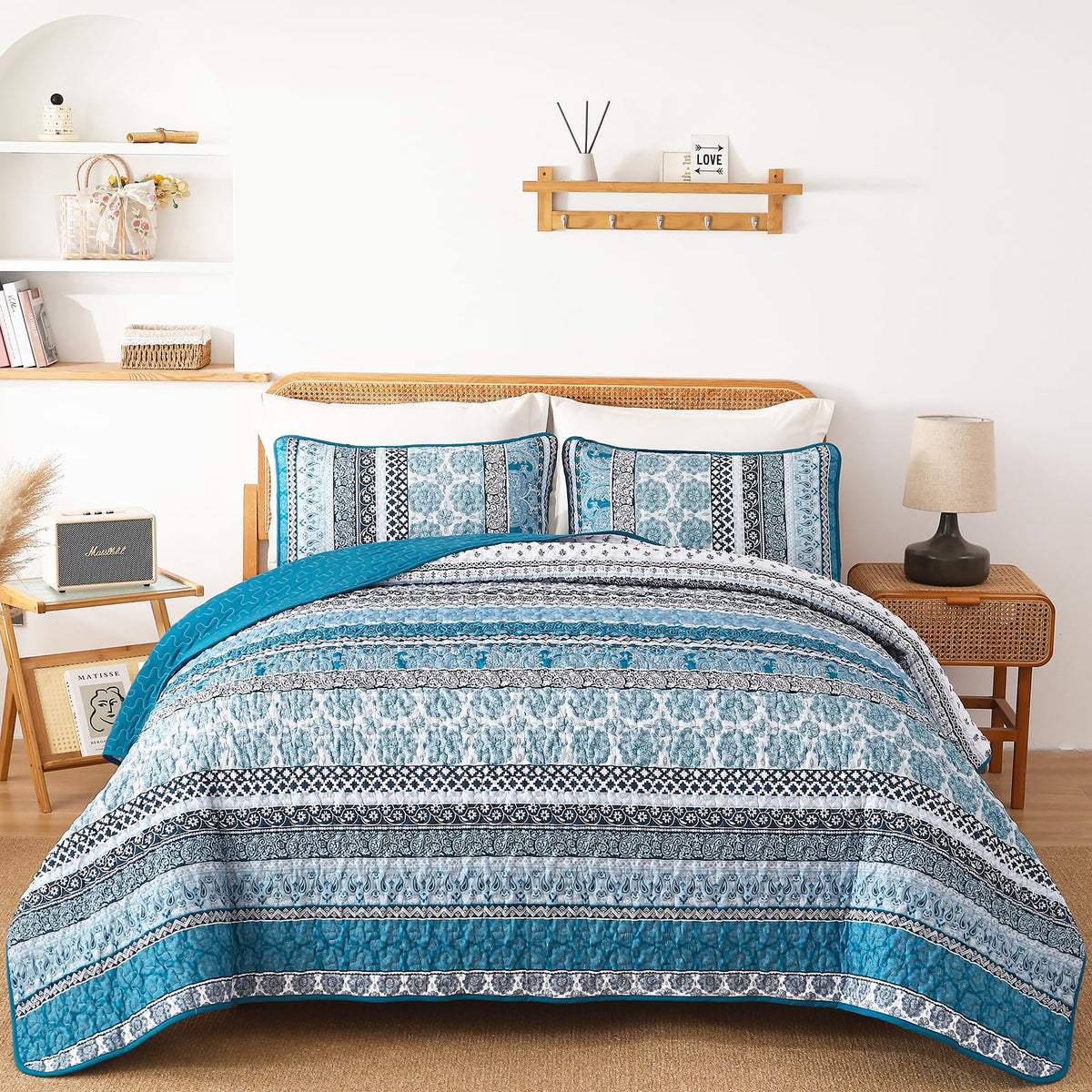 WONGS BEDDING Boho King Quilt Set，3 Pcs Light Blue Summer Bedspread