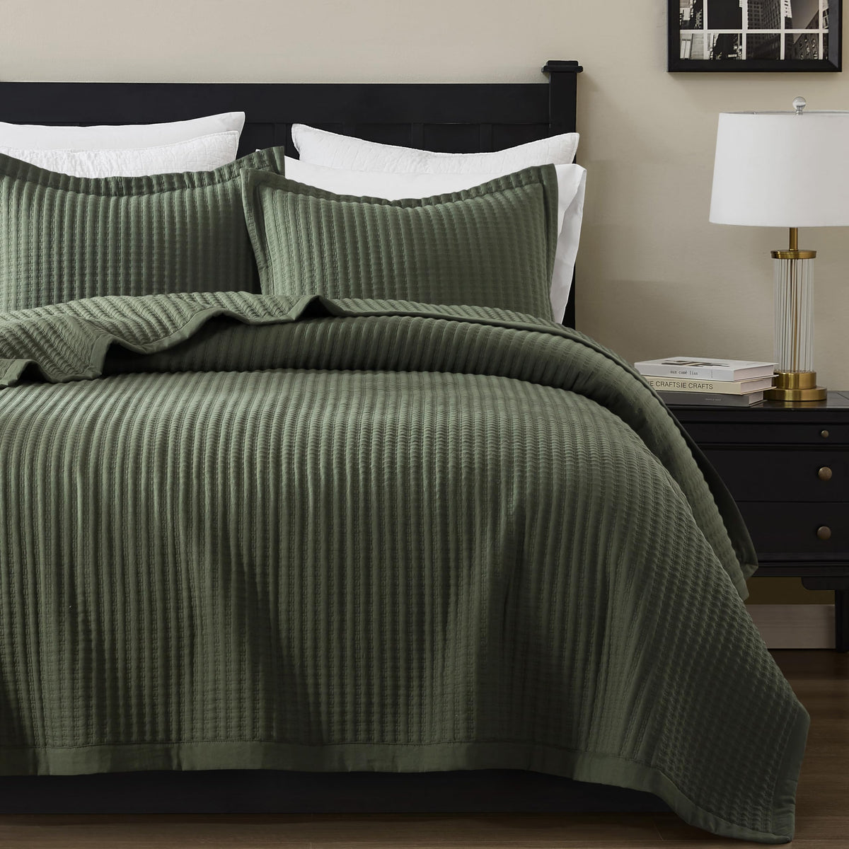 WDCOZY Beige Queen Size Quilt Set, Striped Pick Stitch Bedspread