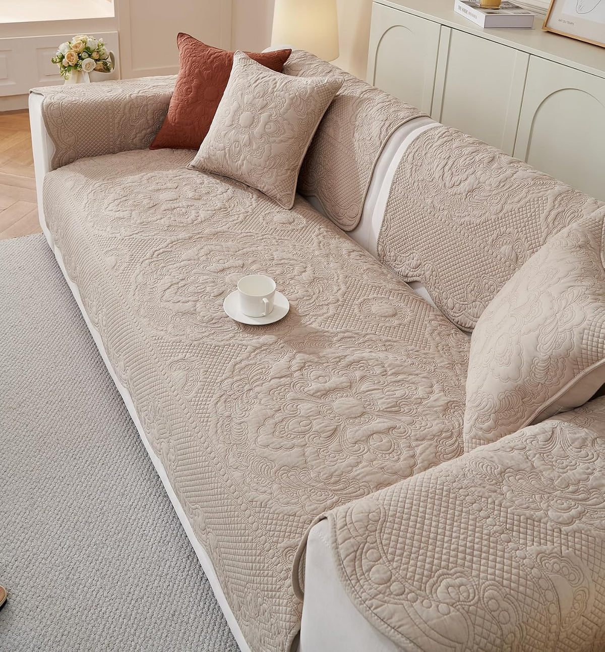 vctops Boho Cotton Quilted Couch Cover Soft Embroidered Sofa Cover Non-Slip Dog Bed Cover Scalloped Sofa Slipcover Washable Furniture Protector Cover (Khaki,28"x28")