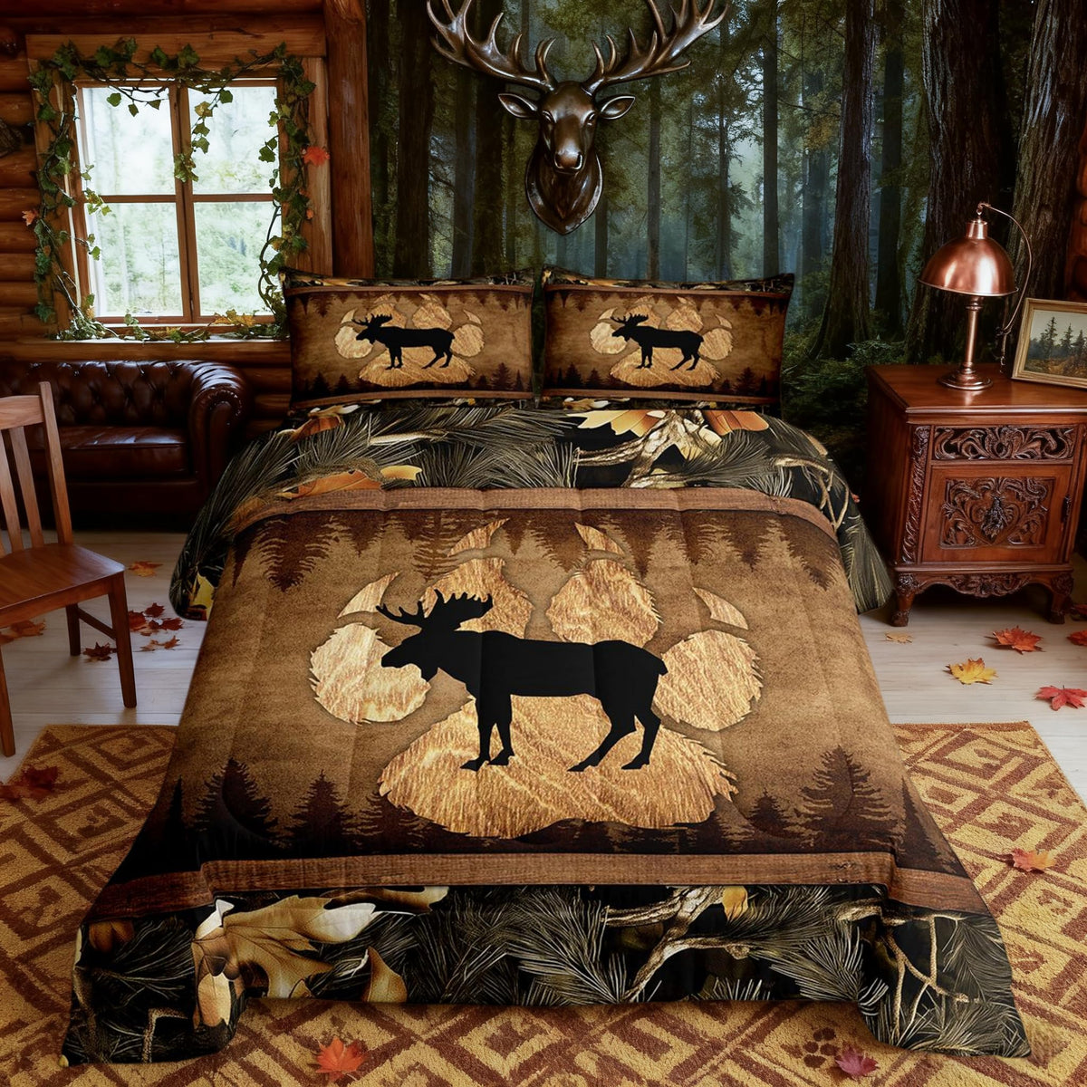 Homewish Jungle Cabin Comforter Set,Moose Animal Pine Trees Bedding Sets for Kids Teens Adults,Retro Wooden Stripes Rustic Farmhouse Quilted Comforter with 2 Pillowcases Queen Size 3 Pcs