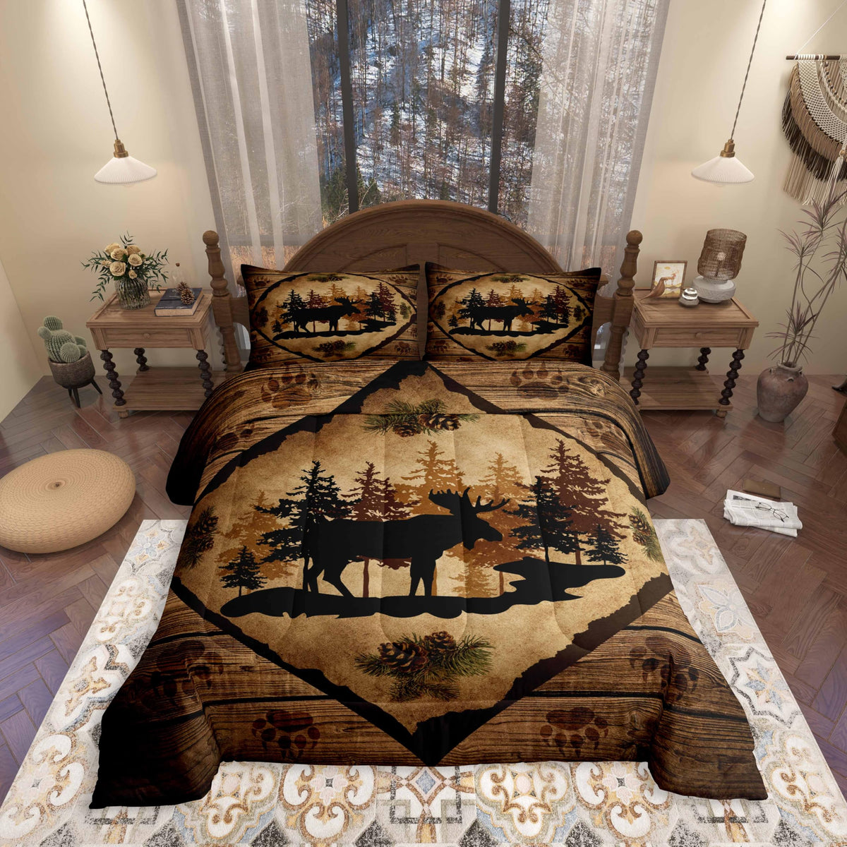 Homewish Jungle Cabin Comforter Set,Moose Animal Pine Trees Bedding Sets for Kids Teens Adults,Retro Wooden Stripes Rustic Farmhouse Quilted Comforter with 2 Pillowcases Queen Size 3 Pcs