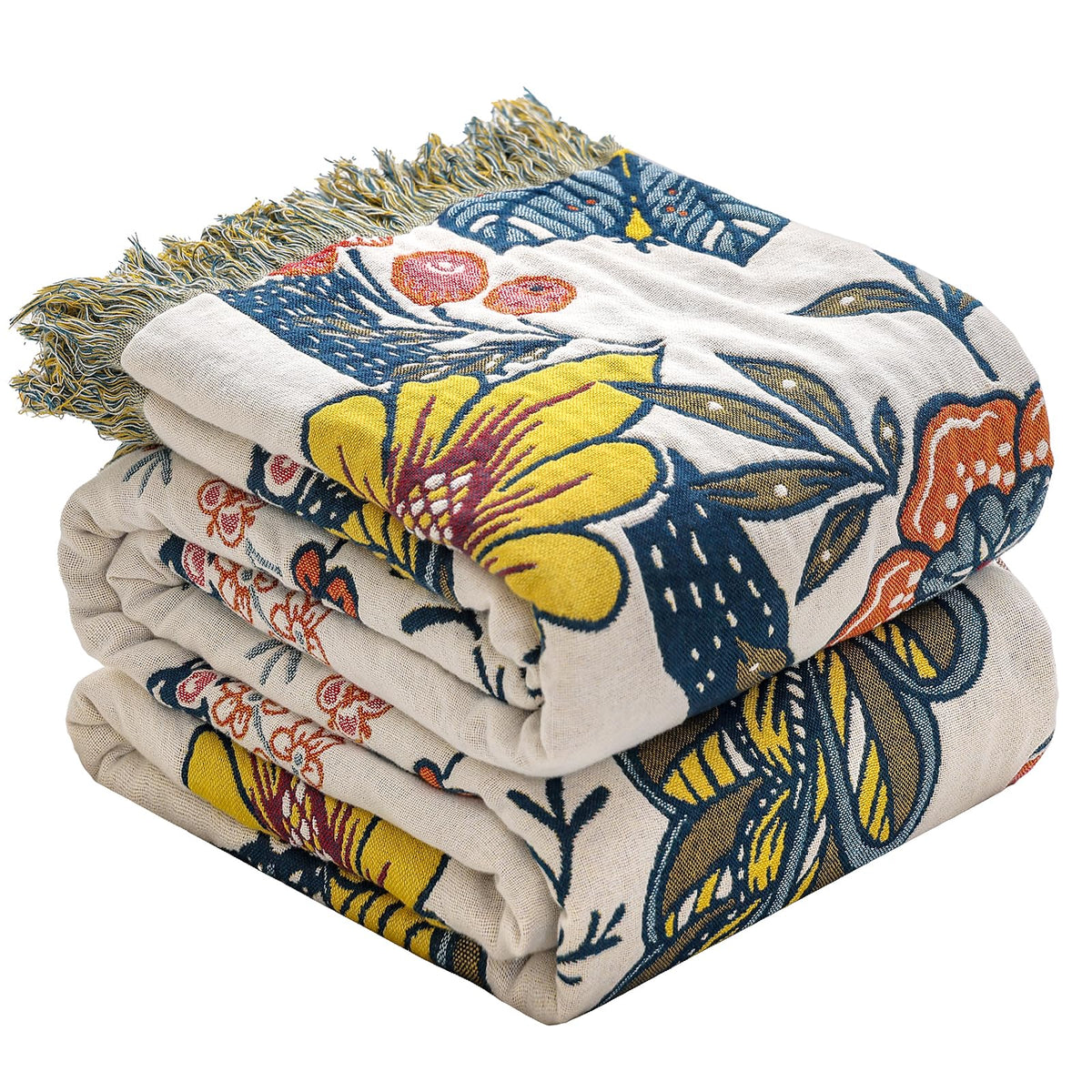 Floral Rustic Large Boho Throw Blanket 90"x98" Orange&Sage Green