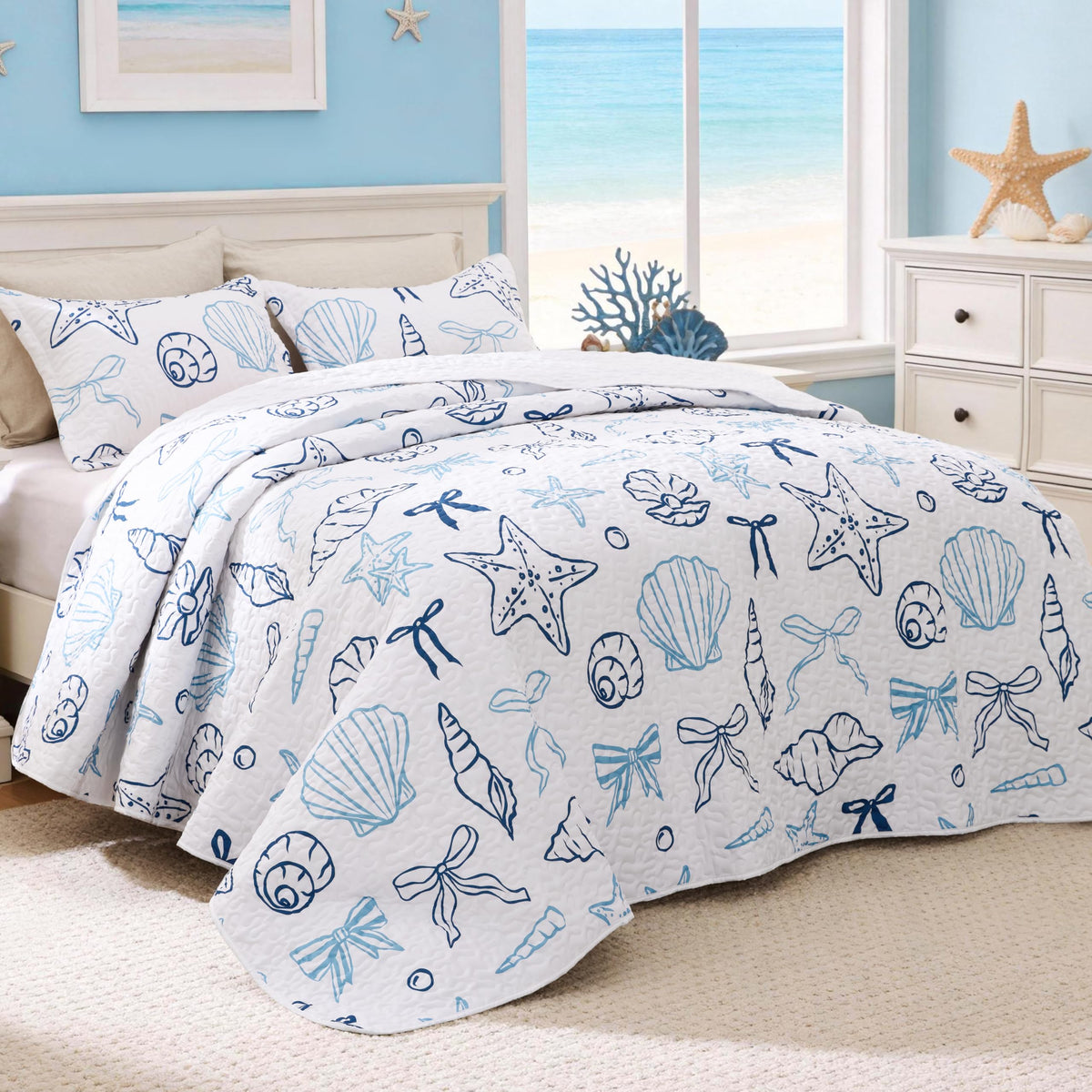 Love's cabin Quilts for Queen Coastal White Bedspreads Bedding Set - Summer Beach Nautical Quilt Lightweight Bedspread - Reversible Bedding Coverlet for All Season - 3 Piece