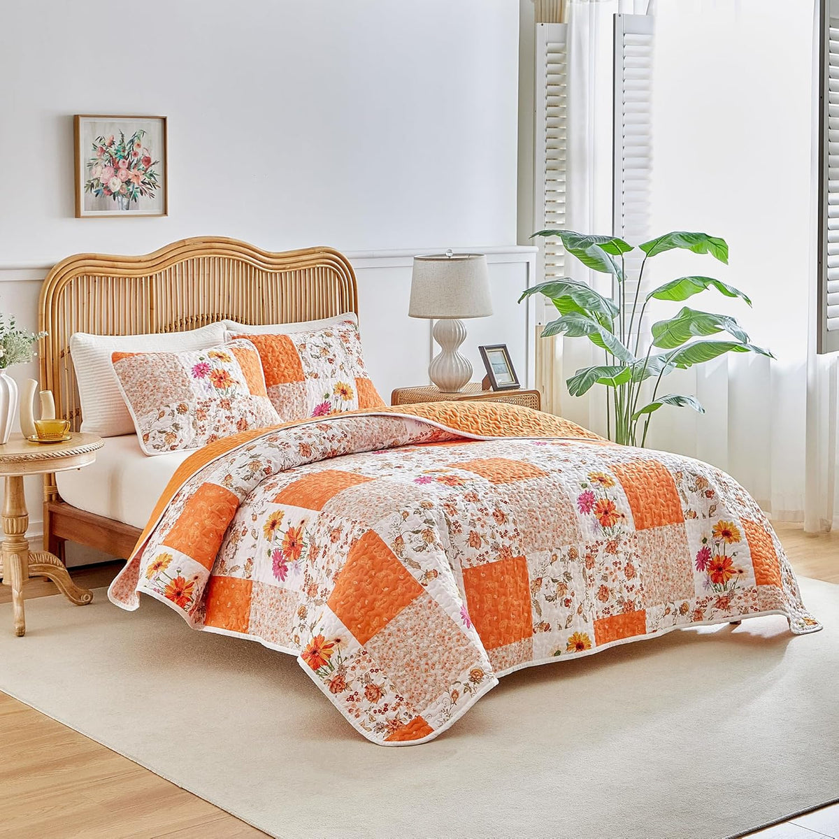 Joyreap 3 Pieces Floral Patchwork Quilt Set Queen, Orange n White Flowers Design, Smooth Soft Microfiber Quilt, Bedspread Bed Cover for All Season- 102x90 inches