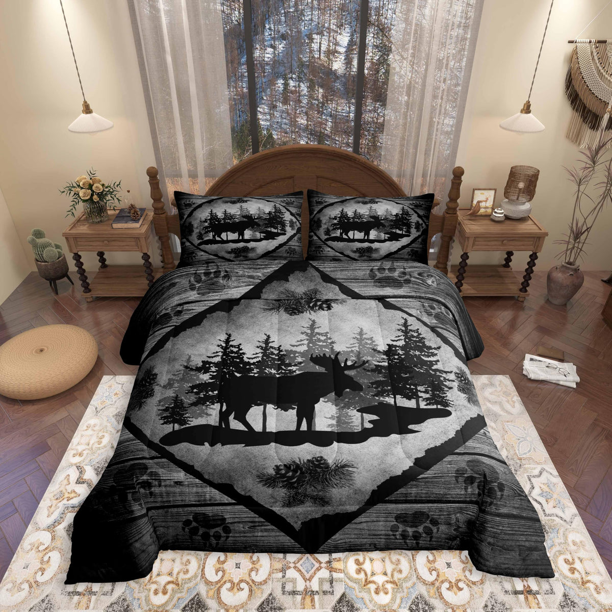 Homewish Jungle Cabin Comforter Set,Moose Animal Pine Trees Bedding Sets for Kids Teens Adults,Retro Wooden Stripes Rustic Farmhouse Quilted Comforter with 2 Pillowcases Queen Size 3 Pcs
