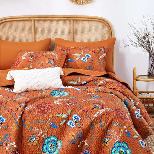 Wake In Cloud - Boho Quilt Set, Floral Bohemian Chic Country Botanical Colorful Funky Flower Pattern, Reversible Lightweight Bedspread Coverlet, 3 Pieces, Burnt Orange, King Size