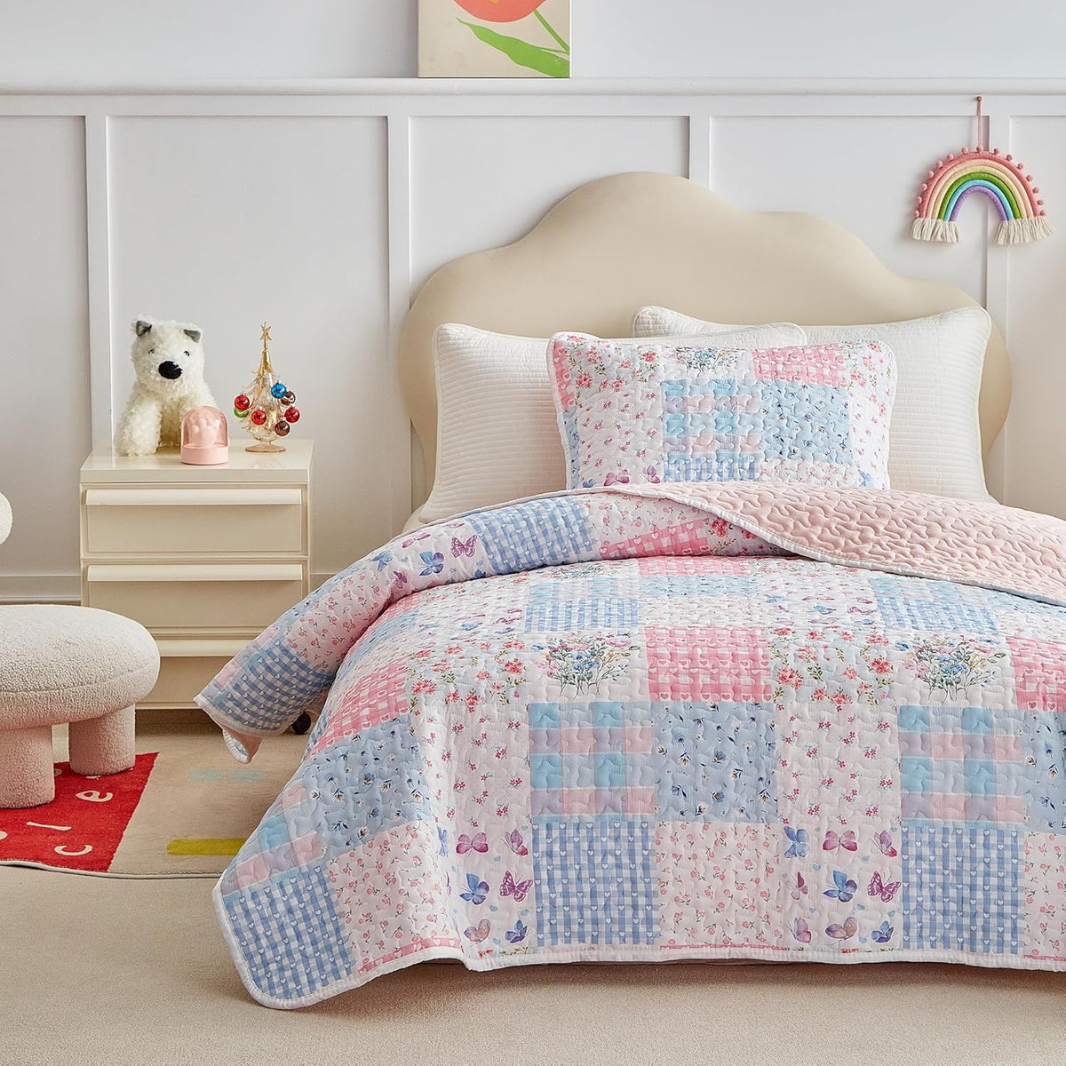 Joyreap Twin Size Quilt Set for Girls, Pink n Blue Floral Patchwork Design, 2 Pieces Soft n Cozy Microfiber Quilt, Bedspread Bed Cover for All Season- 68x88 inches