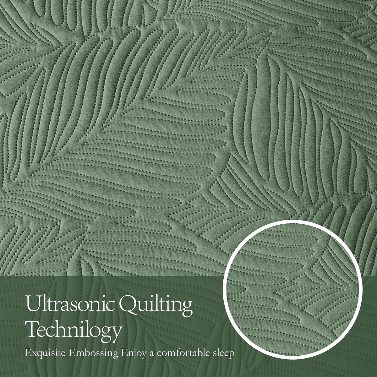 OARAGE King Quilt Bedding Set Lightweight Soft Olive Green Bedspread Coverlet with Leaf Pattern,Ultrasonic Microfiber Bed Cover Set for All Season 3 Pieces (1 Quilt, 2 Shams)
