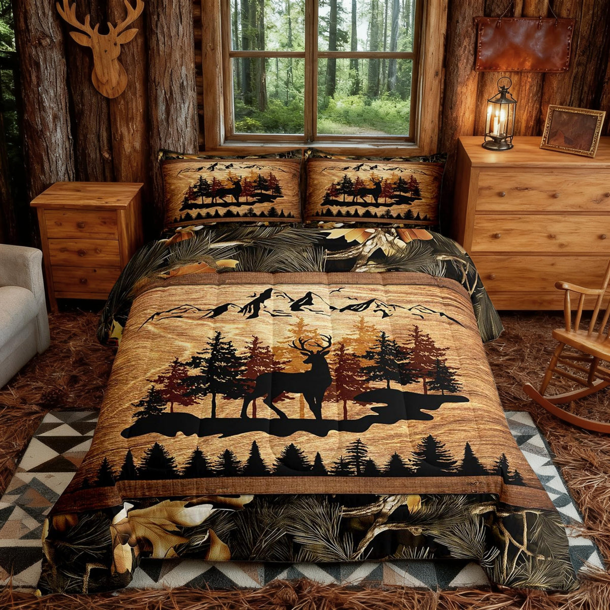 Homewish Jungle Cabin Comforter Set,Moose Animal Pine Trees Bedding Sets for Kids Teens Adults,Retro Wooden Stripes Rustic Farmhouse Quilted Comforter with 2 Pillowcases Queen Size 3 Pcs