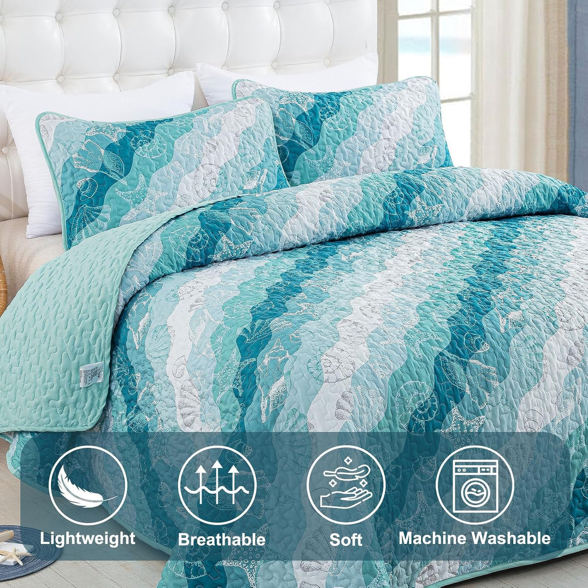 Dinjoy Coastal Quilts Queen Size, Blue Green Ocean Beach Themed Bedding Set