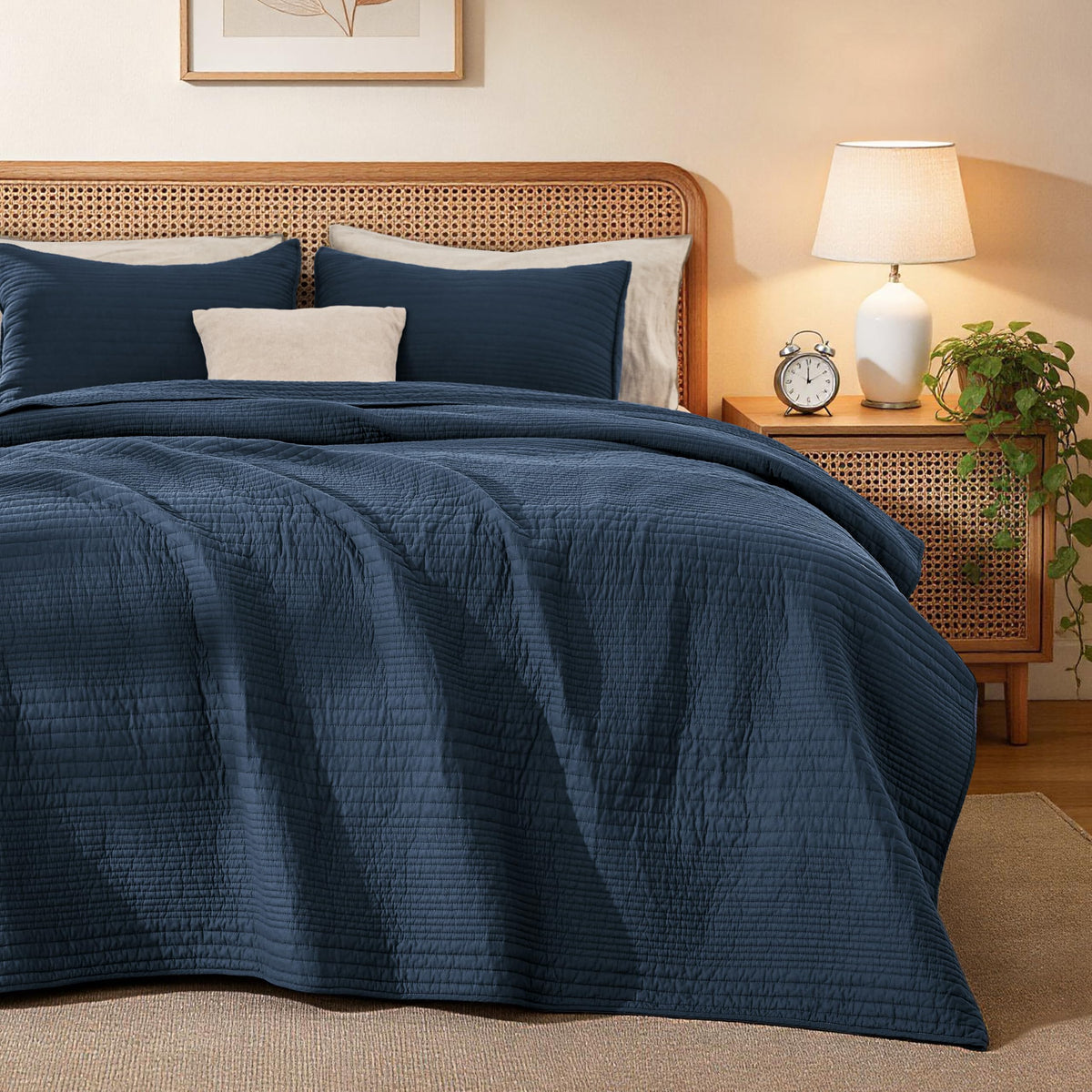 Love's cabin Queen Size Cotton Quilt Set, 100% Cotton Fabric Striped Textured Coverlet with Crinkled Look, Lightweight Quilted Bedspread for All Season, Includes 2 Pillow Shams, White