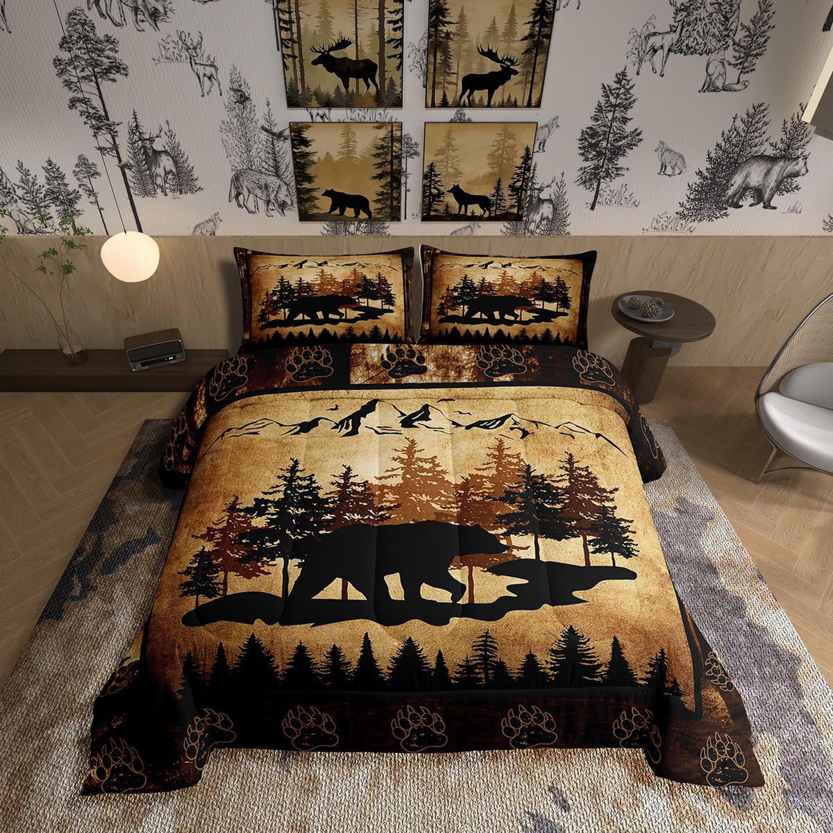 Homewish Jungle Cabin Comforter Set,Moose Animal Pine Trees Bedding Sets for Kids Teens Adults,Retro Wooden Stripes Rustic Farmhouse Quilted Comforter with 2 Pillowcases Queen Size 3 Pcs