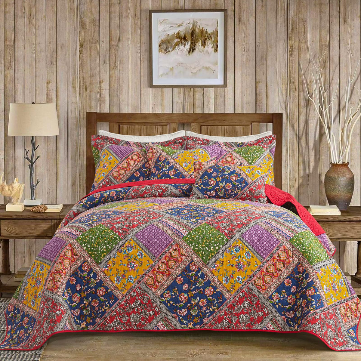 VAPUTAR 100% Cotton Face Quilt King Size Bedding Set - Boho King Quilts