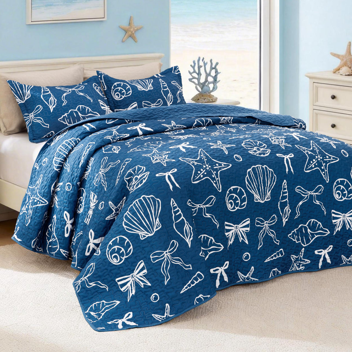 Love's cabin Quilts for Queen Coastal White Bedspreads Bedding Set - Summer Beach Nautical Quilt Lightweight Bedspread - Reversible Bedding Coverlet for All Season - 3 Piece