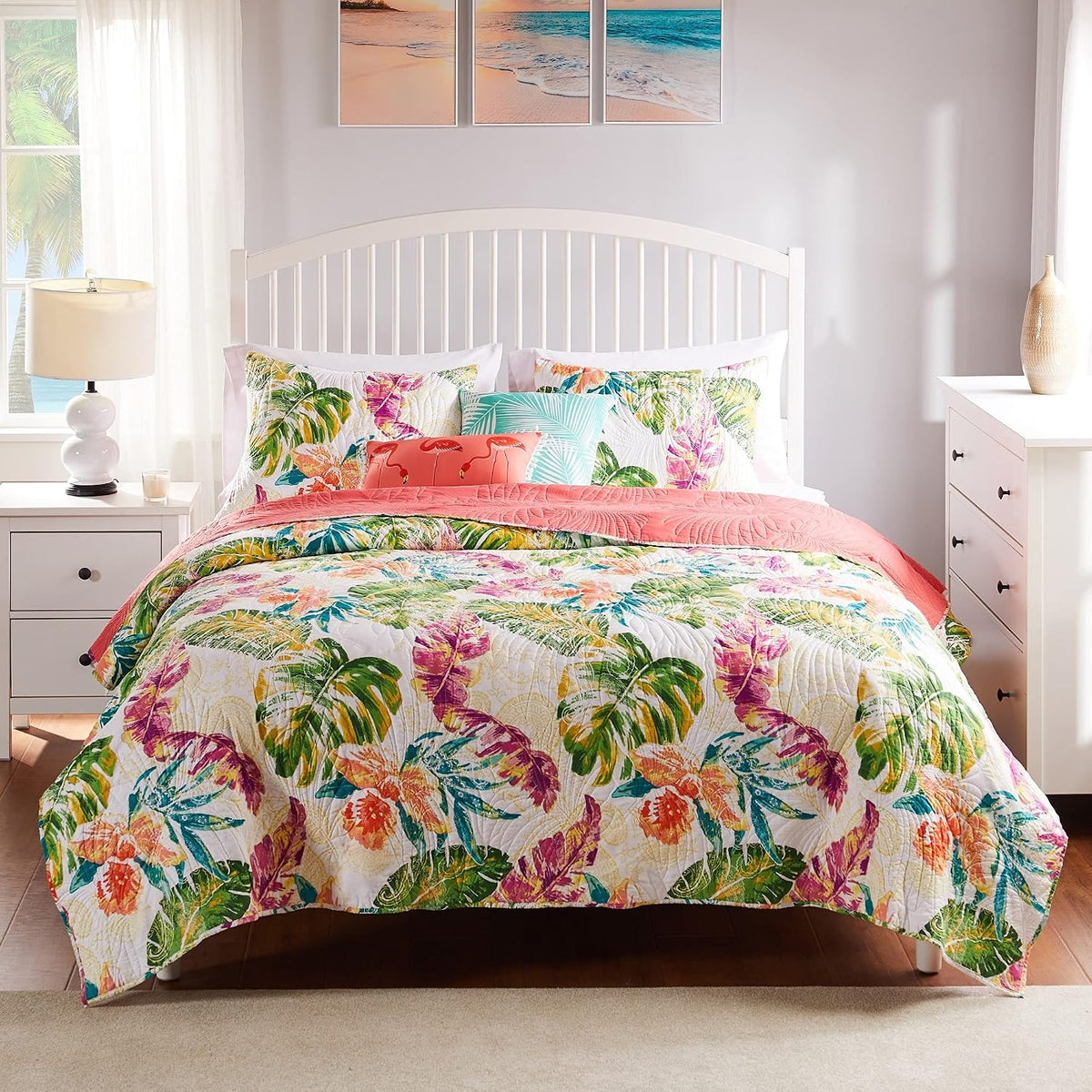 Greenland Home Tropics Palm Leaves Coastal Cotton Blend Quilt Set, 2-Piece Twin/XL, Coral