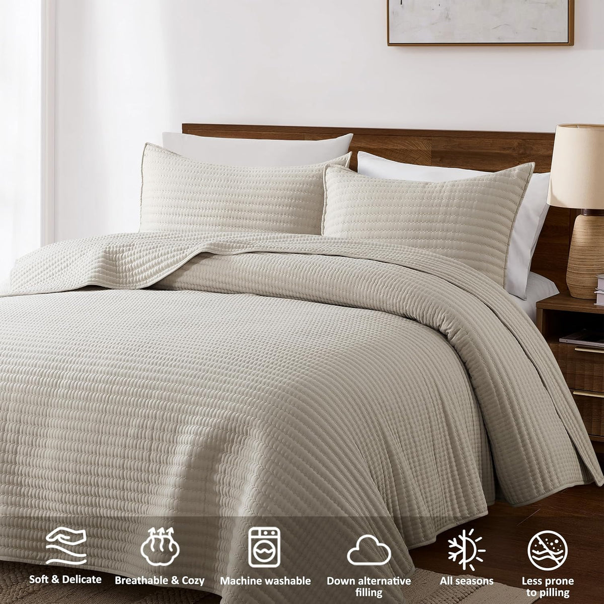 palassio King Quilt Bedding Set Channel Pick Stitch Striped Beige Coverlet