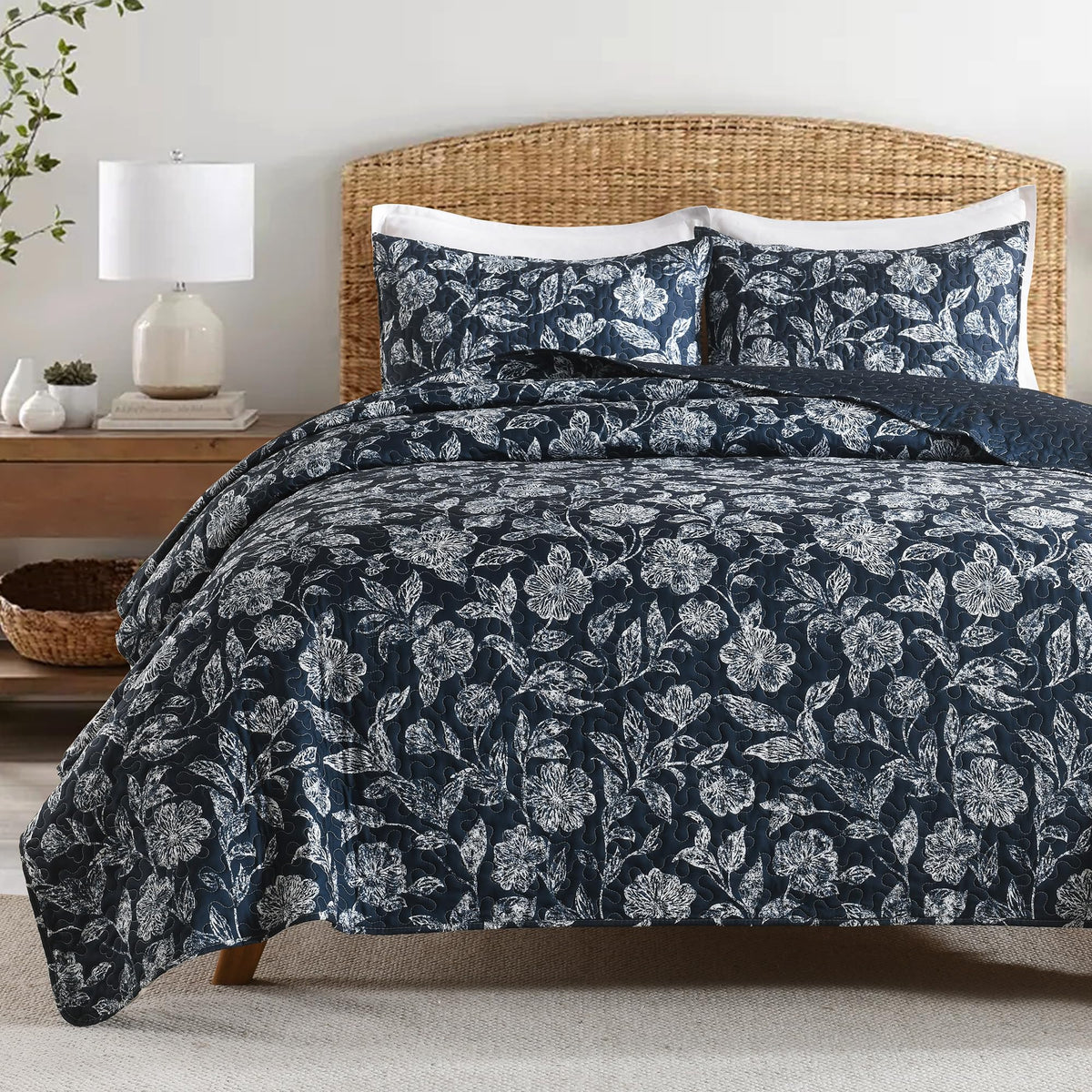 HORIMOTE HOME Tropical Plants Quilt Set Queen Size 3 Pieces, Green Palm Leaves Rainforest Style Fine Printed Reversible Bedspreads Bedding Sets, Soft and Lightweight Bed Coverlet for All Season