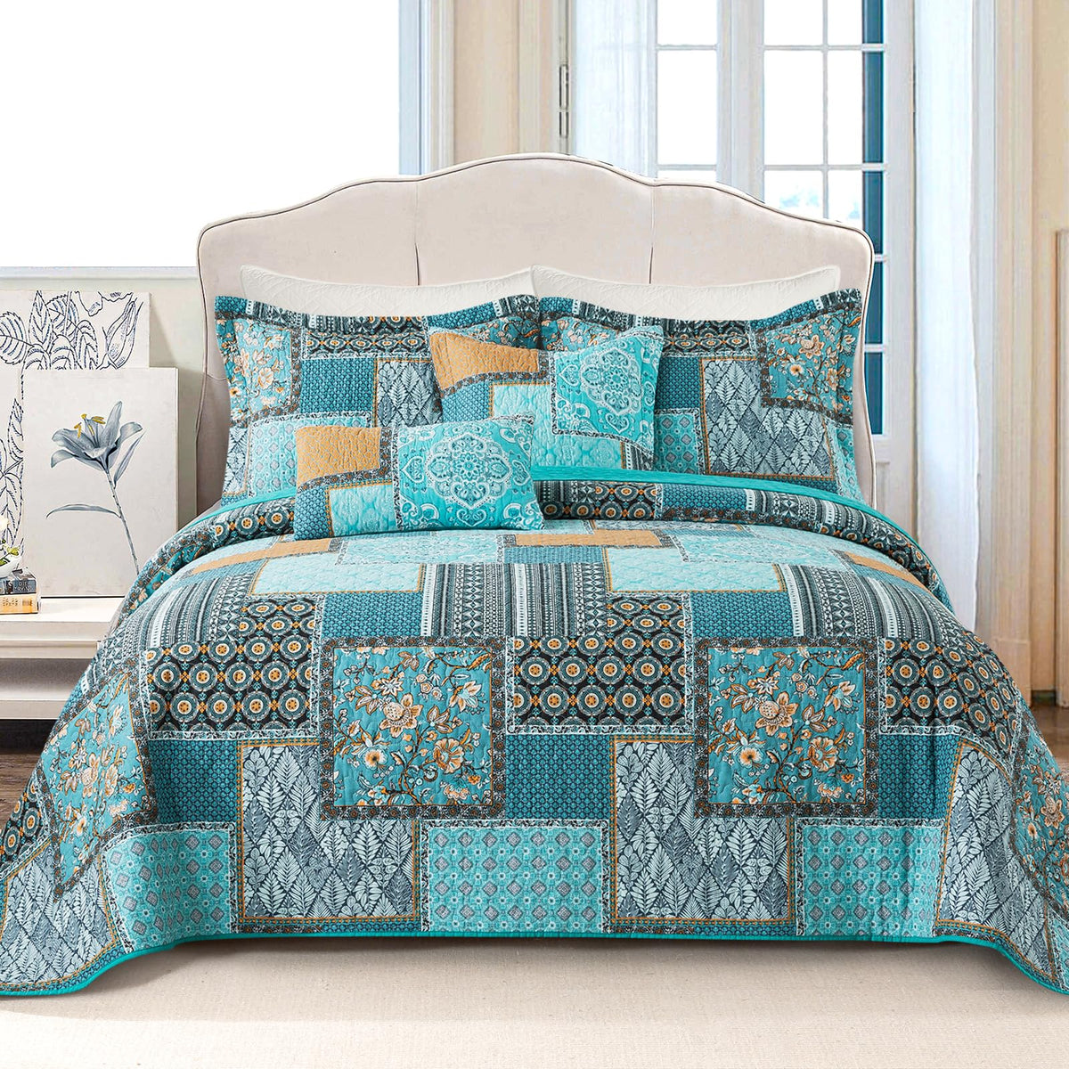 VAPUTAR 100% Cotton Face Quilt King Size Bedding Set - Boho King Quilts