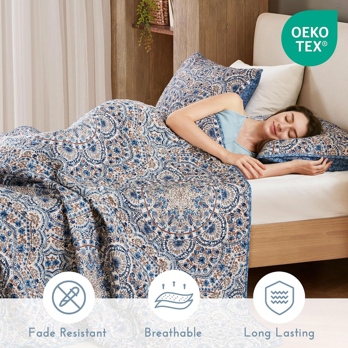 Comfort Spaces Valerie Boho Reversible Twin Quilt Bedding Set, 2 PC, Blue