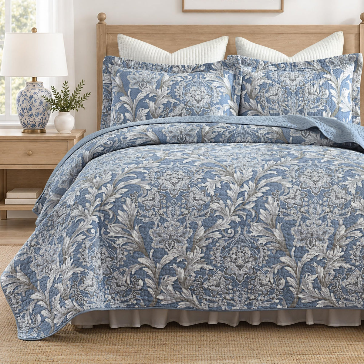 100% Cotton King Quilt Set Taupe Floral Bedding and 2 Pillow Shams